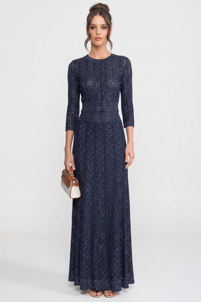 Long-Sleeve Diamond-Pattern Lace Co-Ord Set With Maxi Skirt - Navy