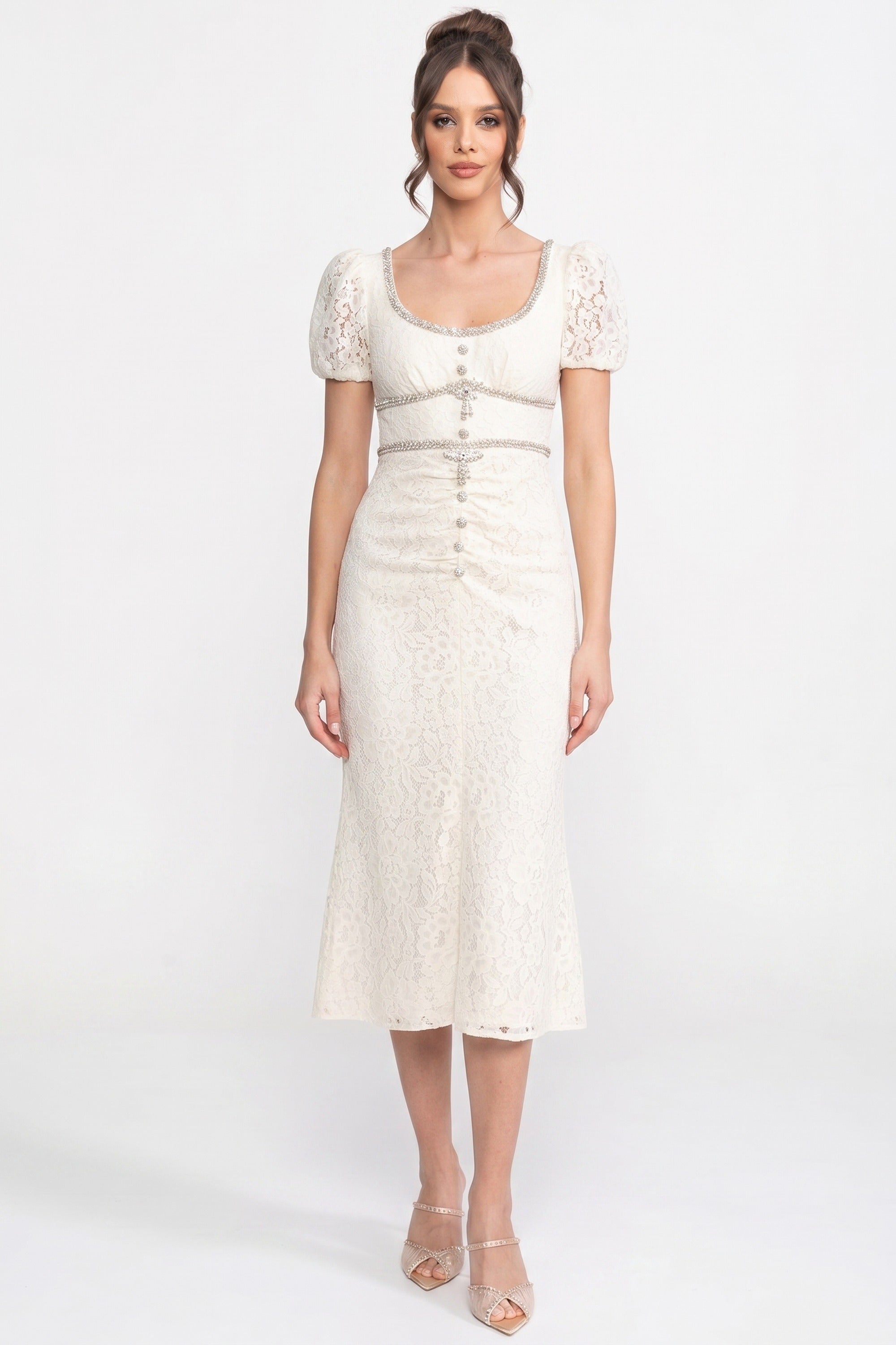 Short Sleeved Lace Dress With Short Puff Sleeves And Scoop Neckline - Ivoire