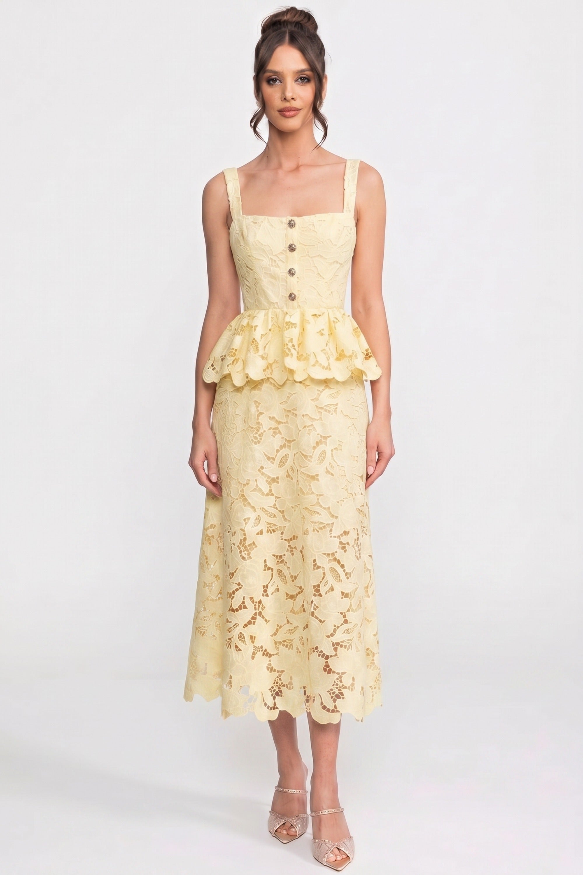 Sleeveless Lace Peplum Dress With Midi Skirt And Golden Buttons - Yellow