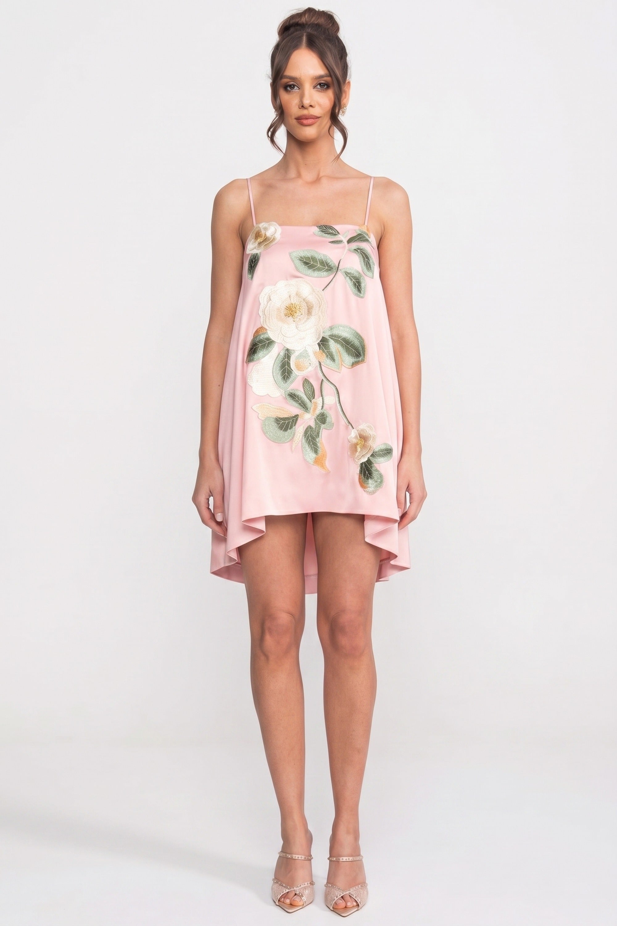 Spaghetti-Strap Mini Dress With 3D Floral Appliqué And A-Line Skirt - Pink