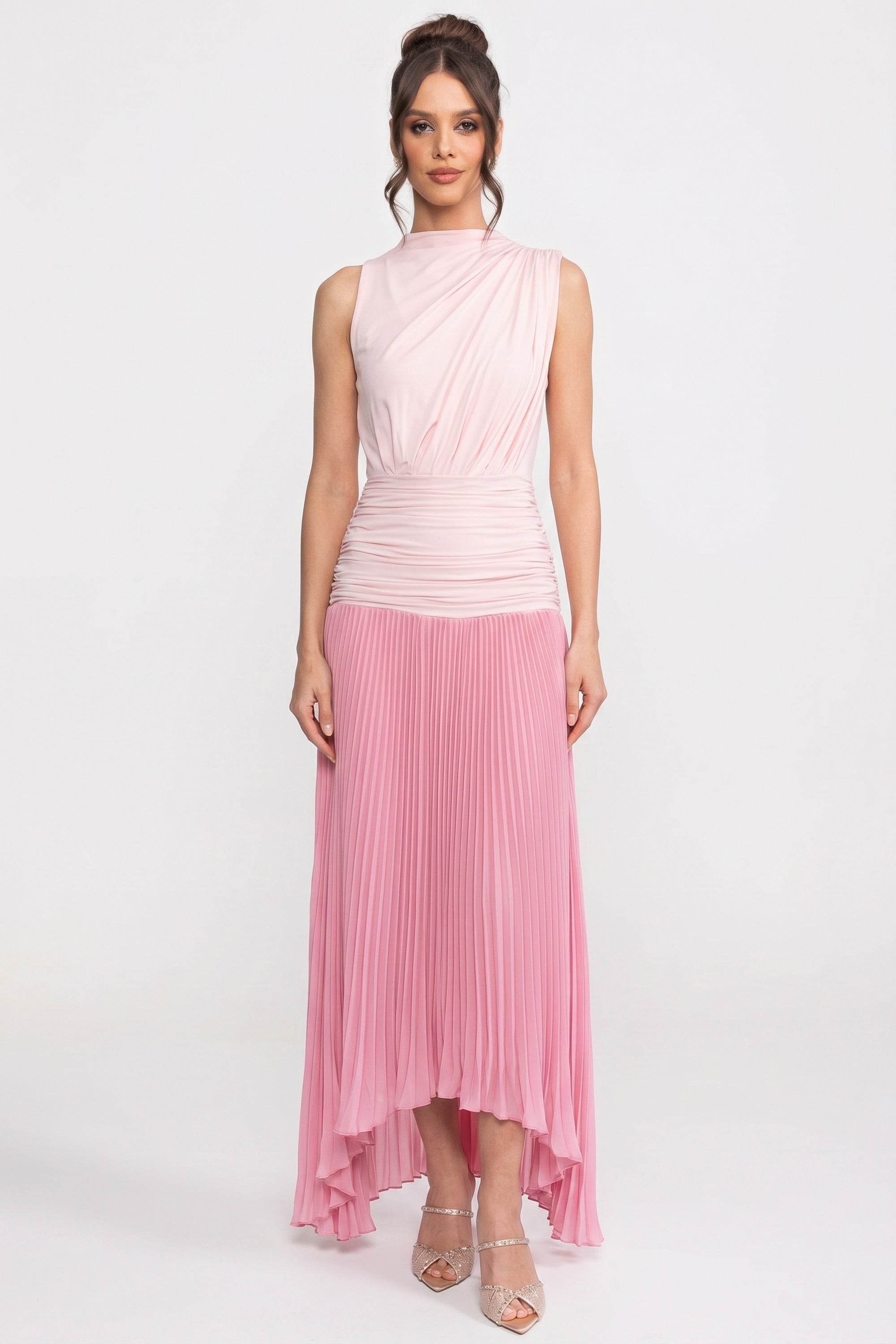 Halter Neck Pleated Maxi Dress With Gathered Waist Detail - Pink