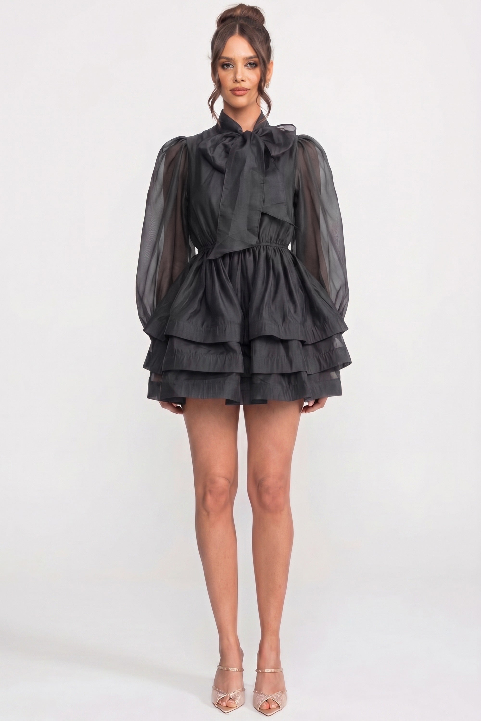 High-Neck Puff-Sleeve Mini Dress With Tiered Ruffle Skirt And Bow - Black