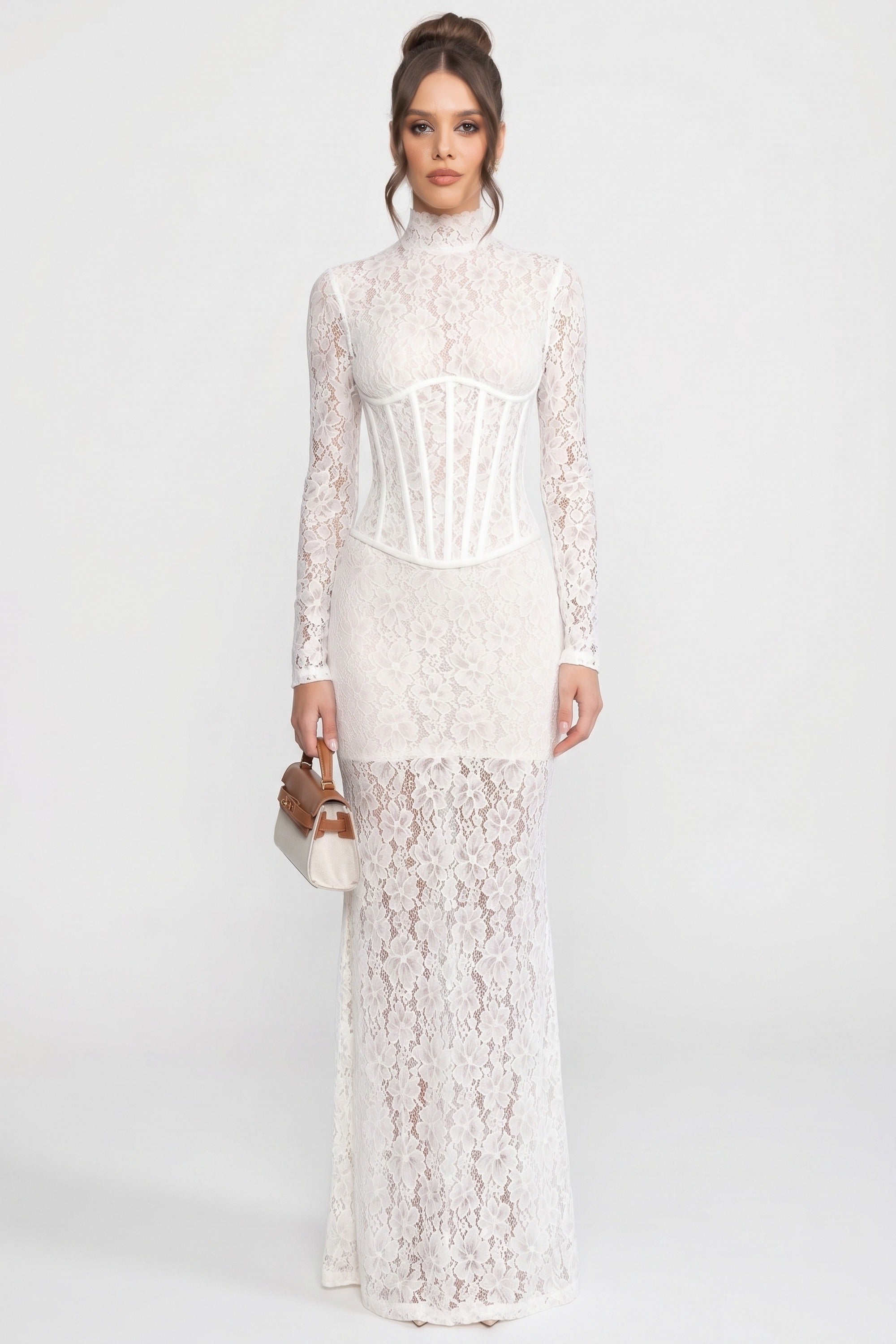 High-Neck Long-Sleeve Lace Maxi Dress With Column Silhouette - White