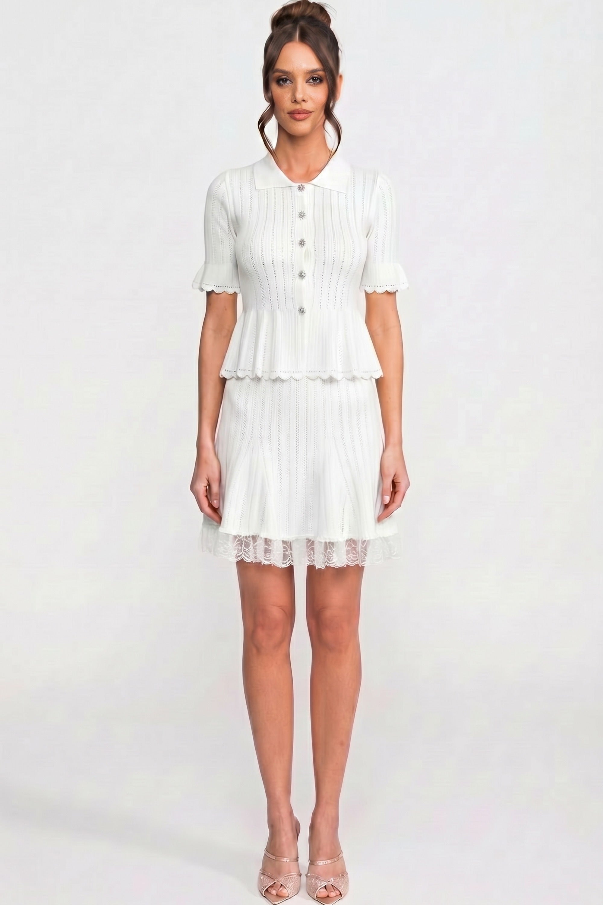 Peter-Pan Collar Knit Peplum Co-Ord set With Lace Hem - White