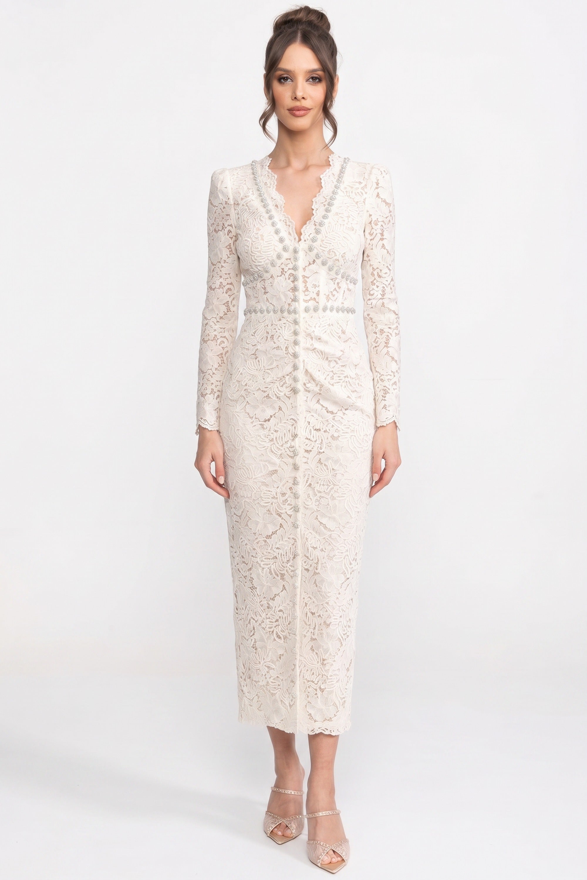 Lace Midi Dress With Crystal V-Neckline And Ruched Front Detail - Ivoire
