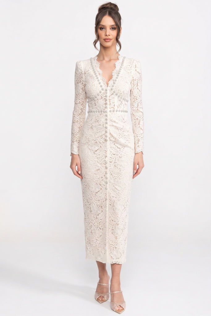 Lace Midi Dress With Crystal V-Neckline And Ruched Front Detail - Ivoire