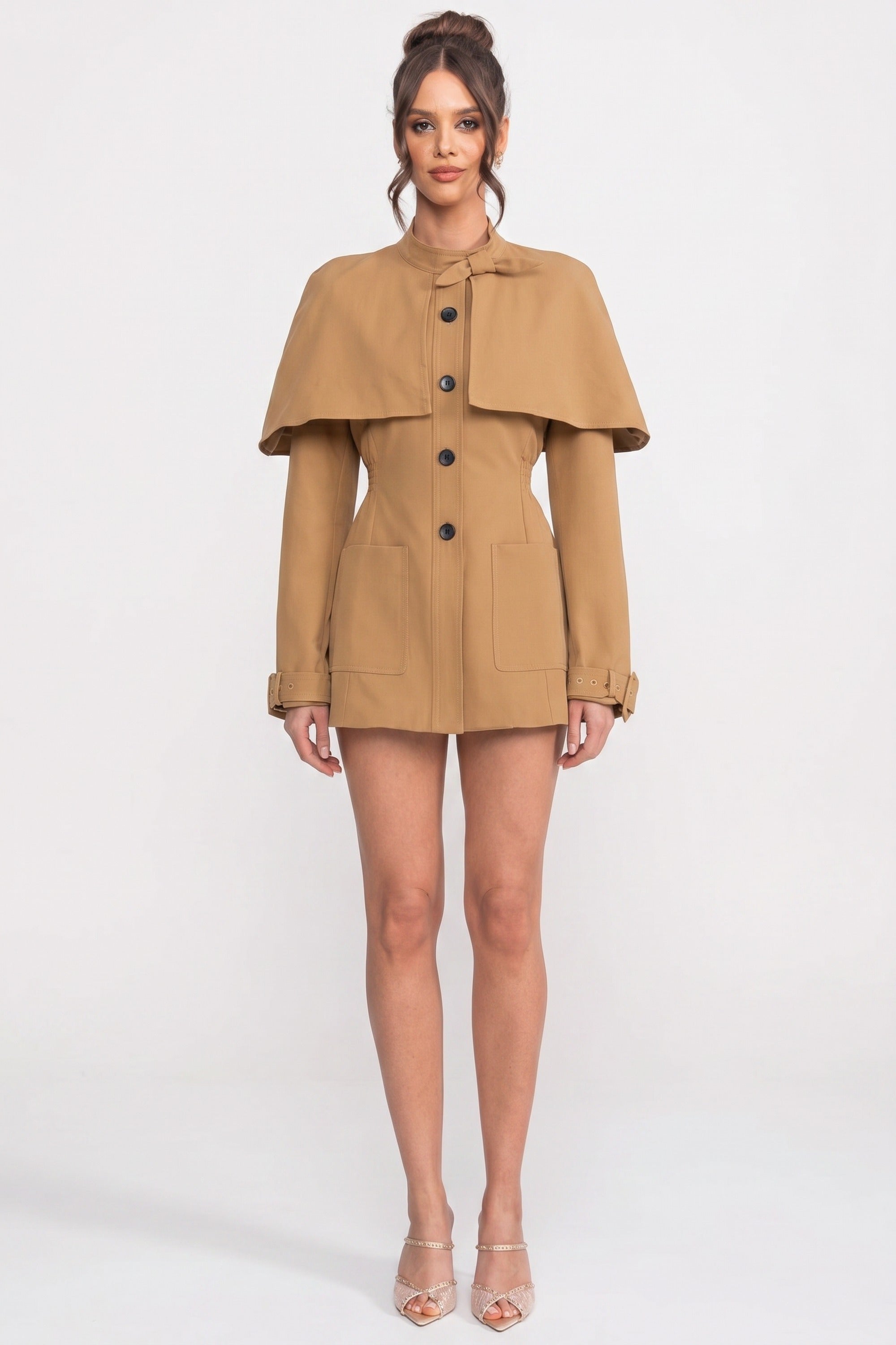Button-Front Coat-Dress With Structured Cape Overlay - Khaki