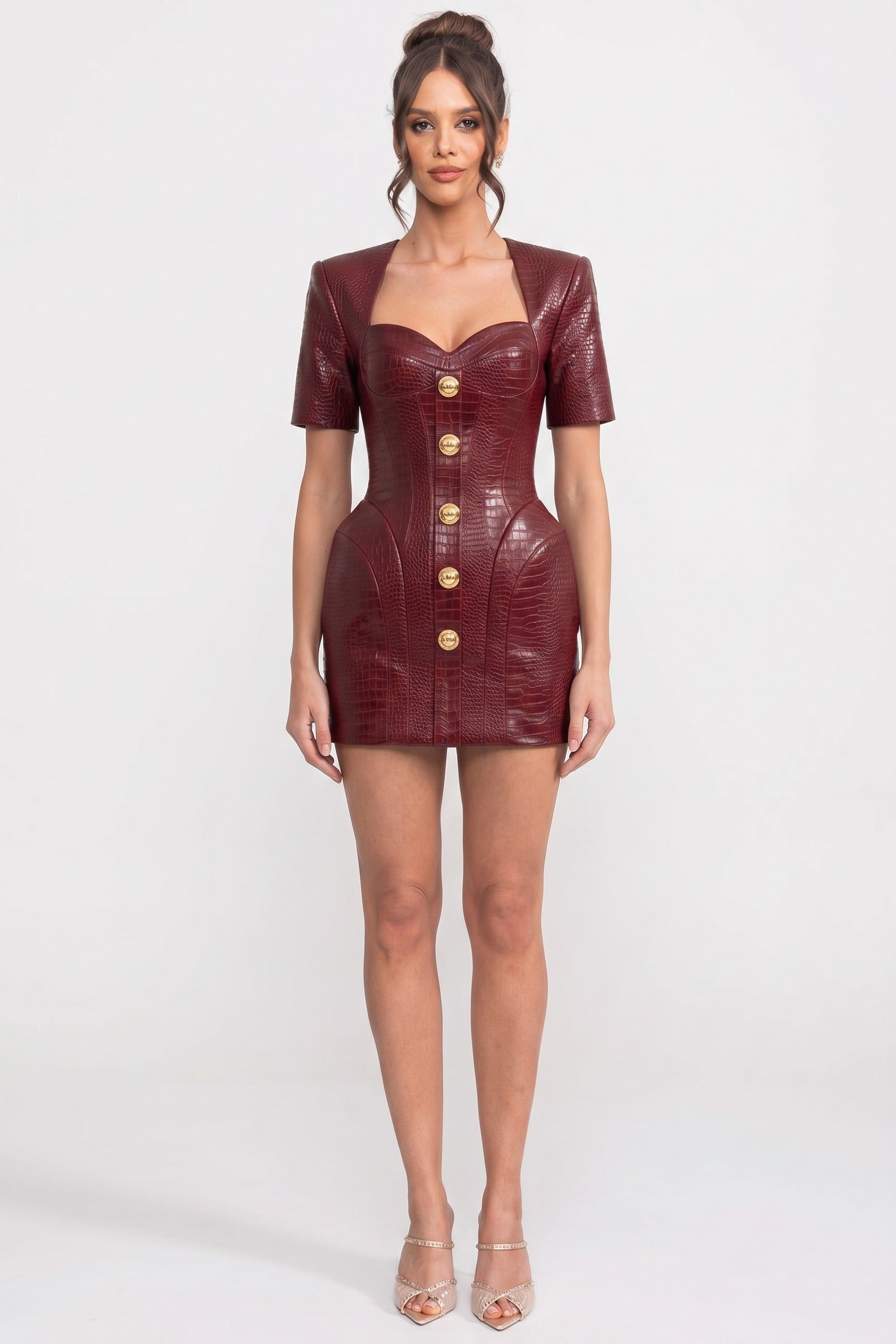 Croc-Effect Mini Dress With Gold Button Front - Red