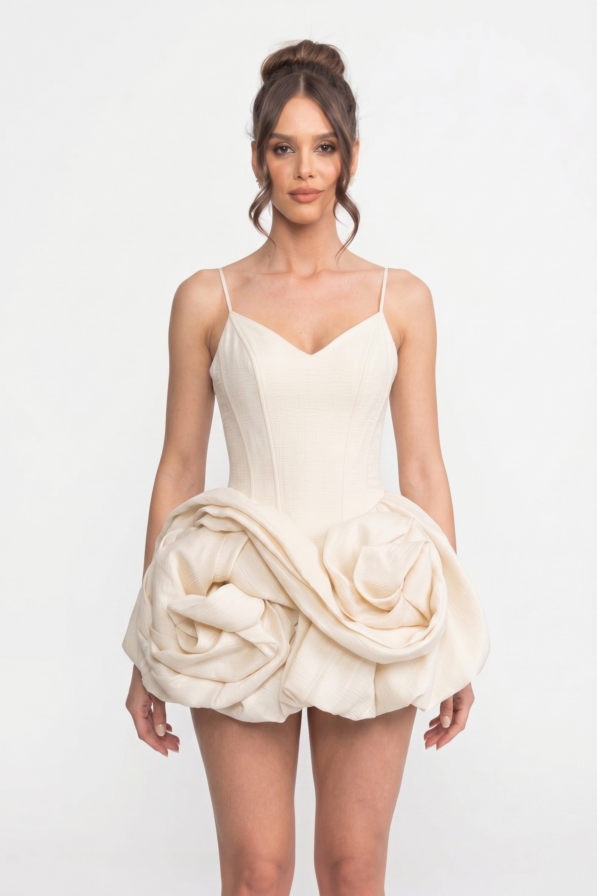 Spaghetti-Strap Velvet Mini Dress With 3D Rose Skirt - Ivoire
