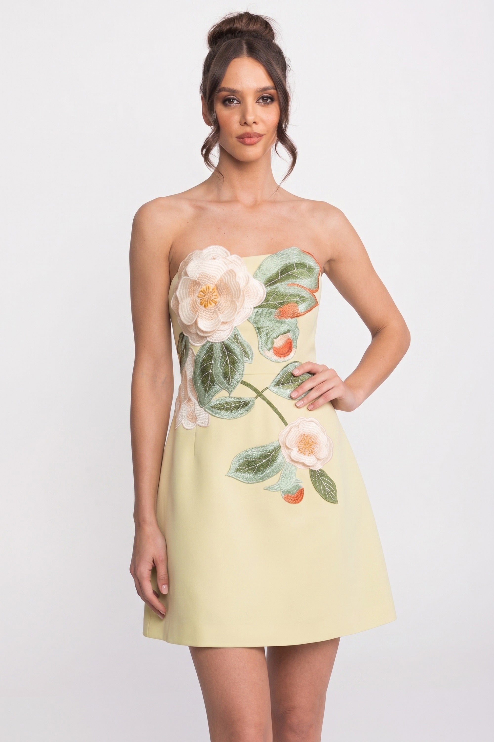 Strapless Mini Dress With 3D Camellia Floral Appliqué - Yellow