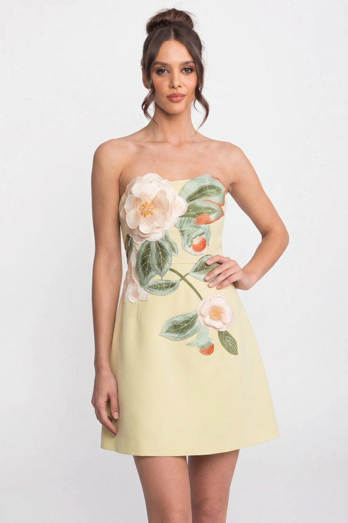 Strapless Mini Dress With 3D Camellia Floral Appliqué - Yellow