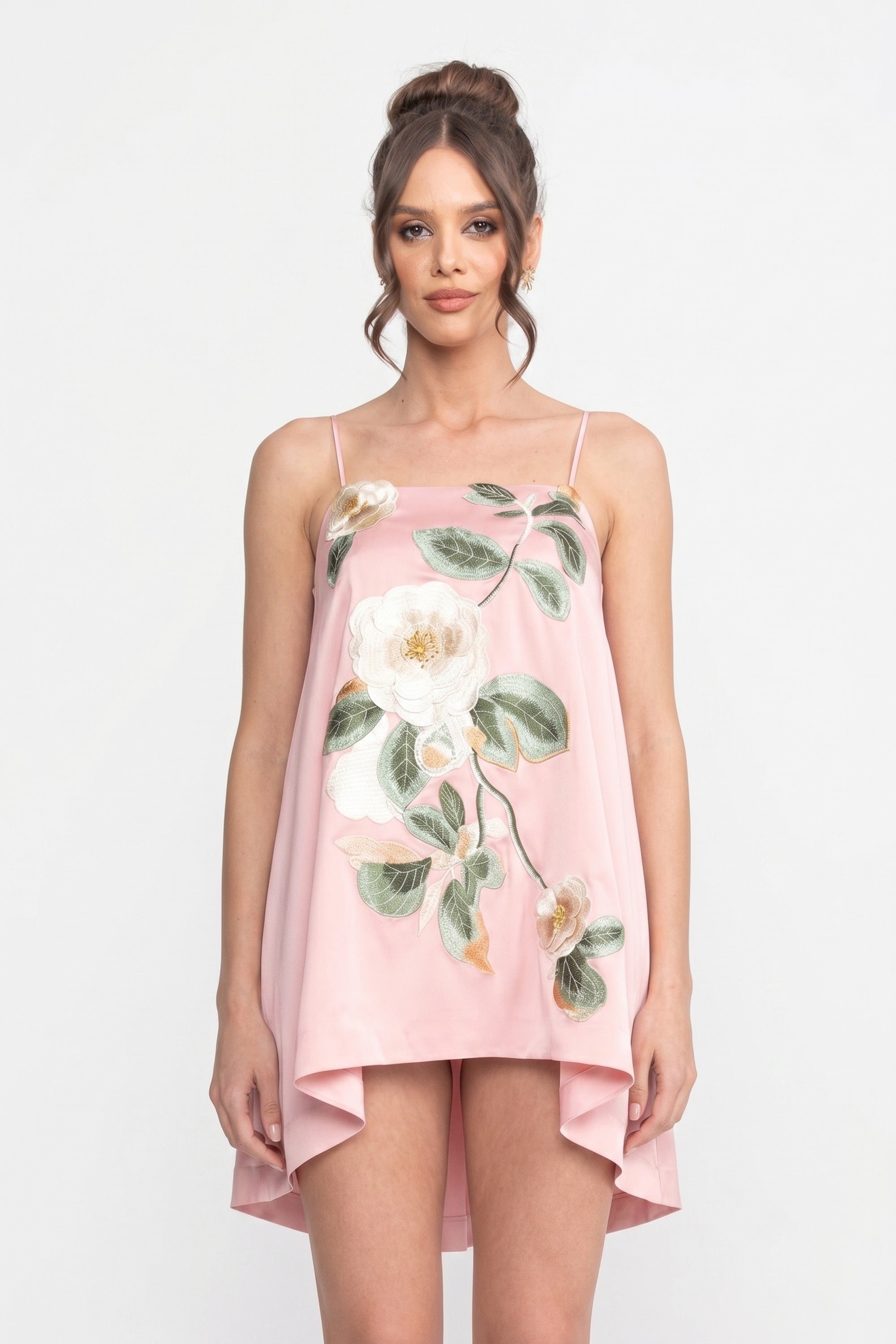 Spaghetti-Strap Mini Dress With 3D Floral Appliqué And A-Line Skirt - Pink