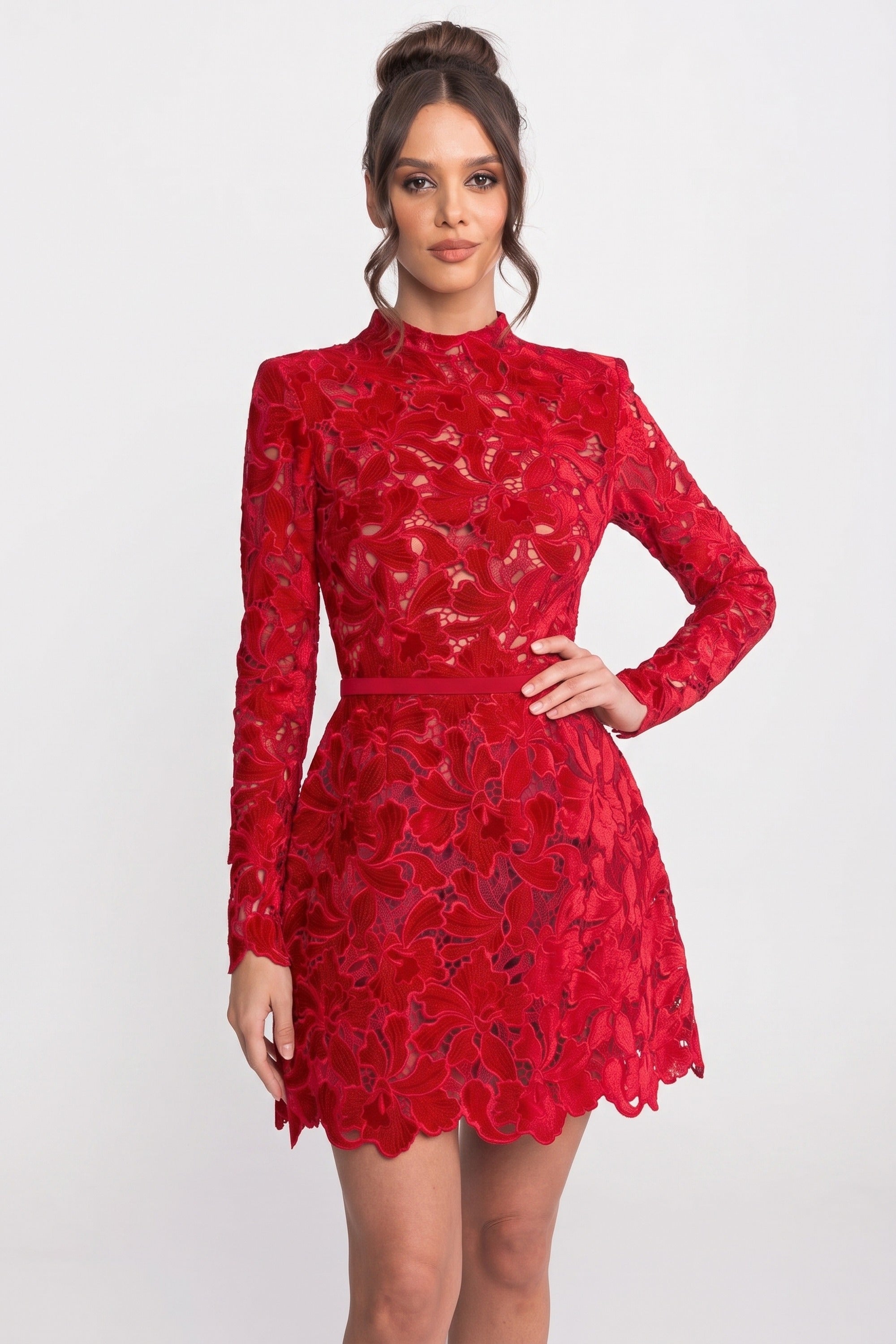 Long-Sleeve Lace Mini Dress With High Neck And Scalloped Hem - Red
