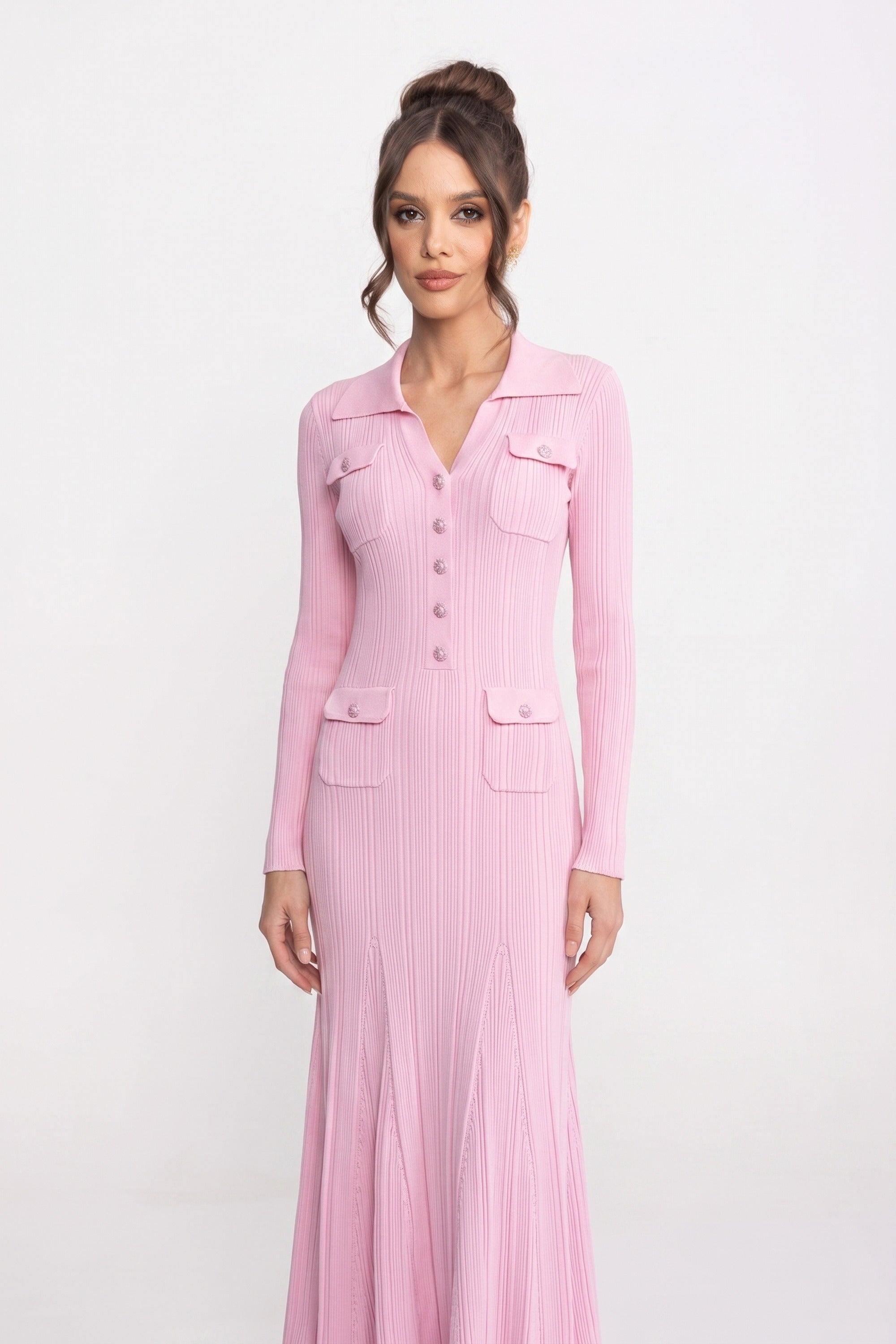 Long-Sleeve Button-Front Knit Maxi Dress With Patch Pockets - Pink