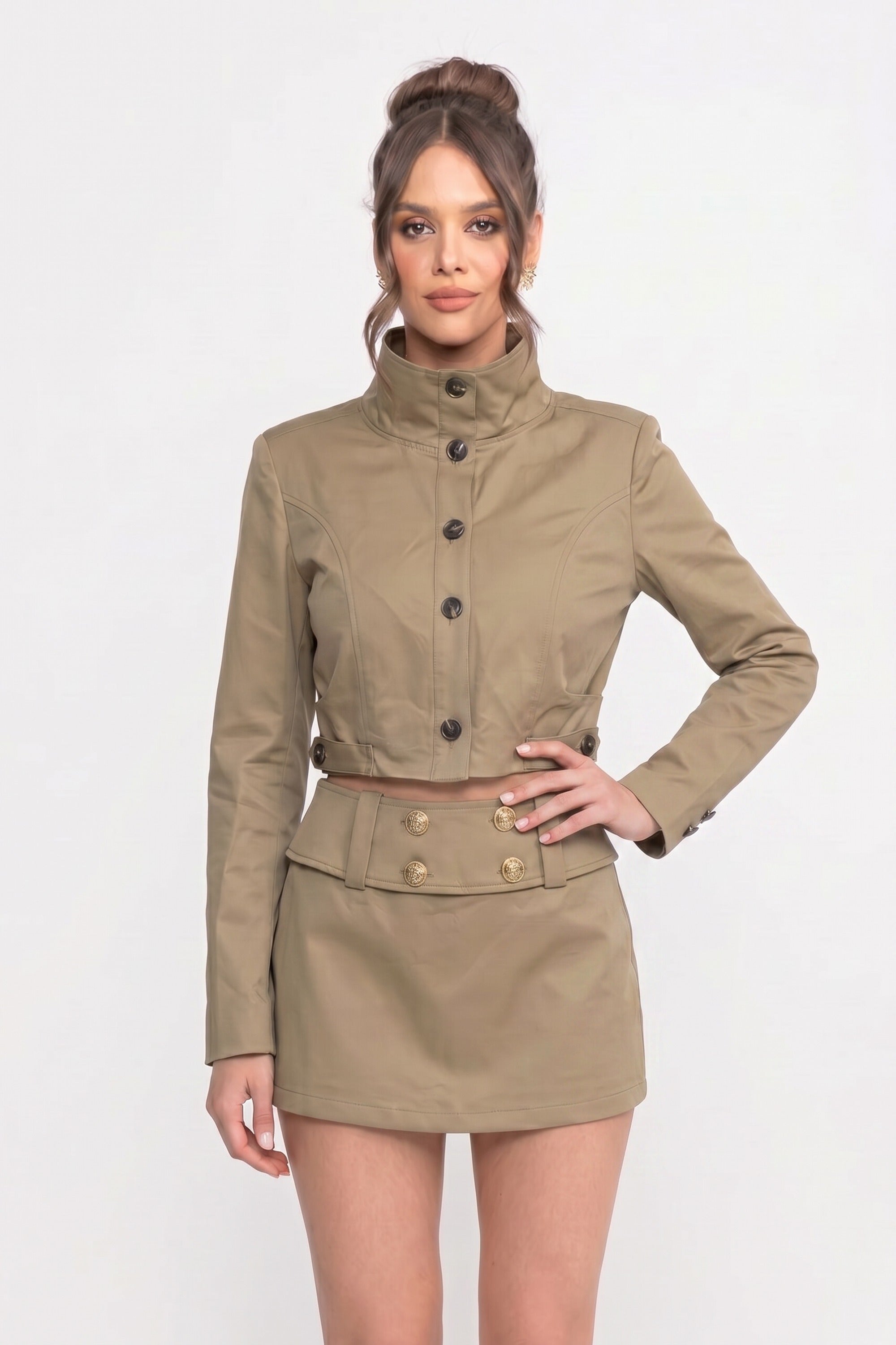 Double-Breasted Cropped Jacket And Mini Skirt Co-Ord Set - Khaki