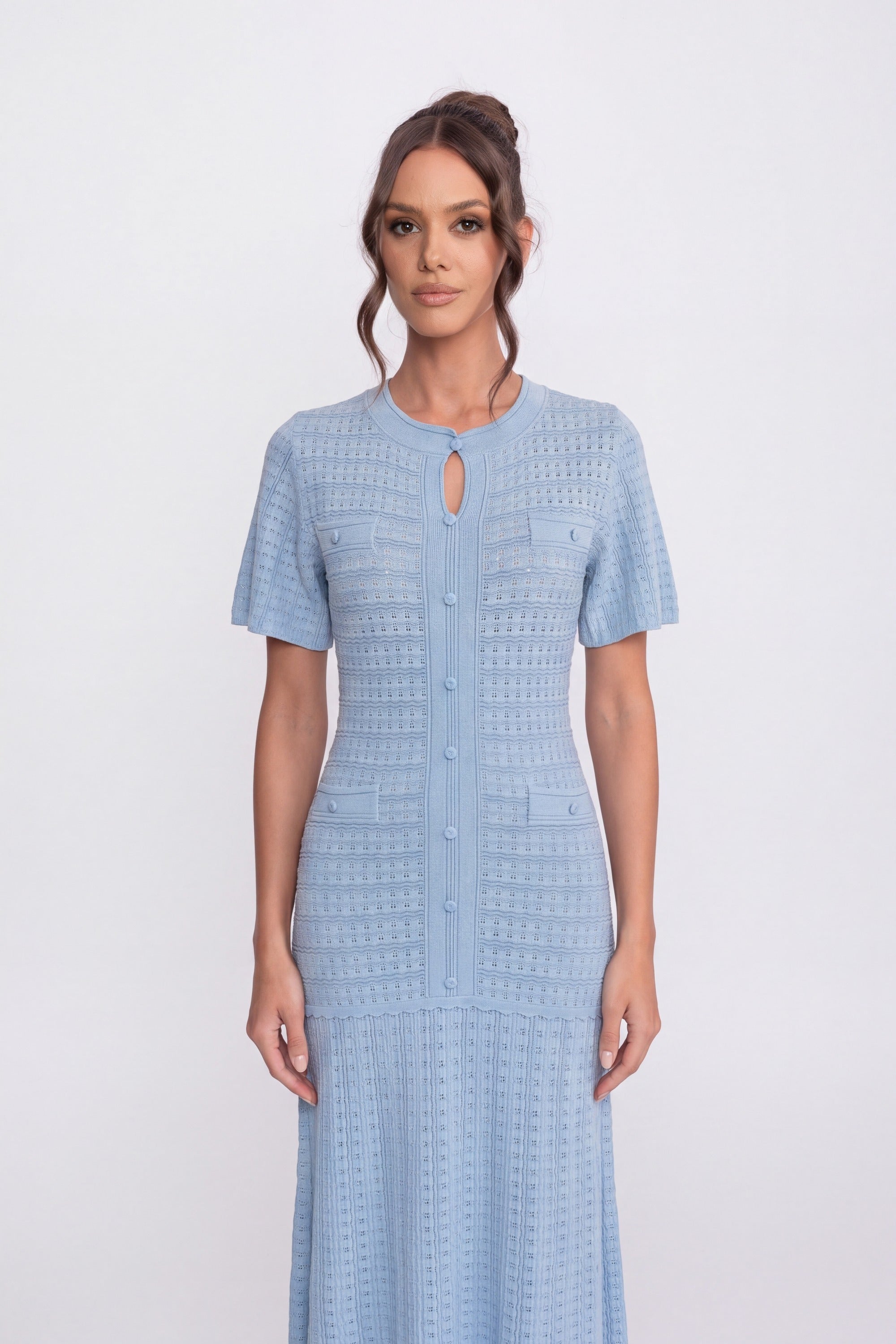 Short Sleeve Midi Dress With Shimmer Knit Texture - Light Blue