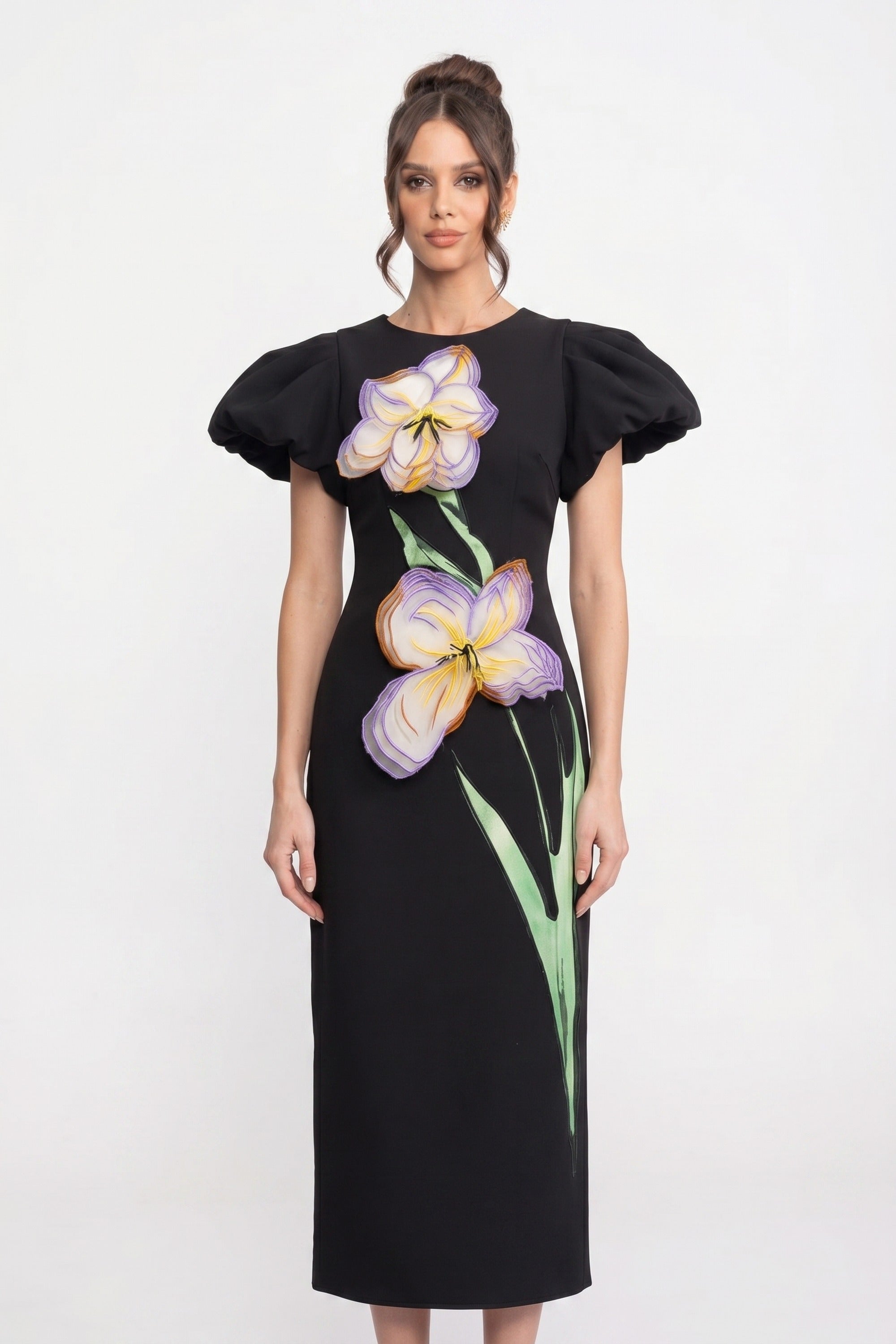 Structured Shoulder Maxi Dress With 3D Iris Floral Appliqué - Black