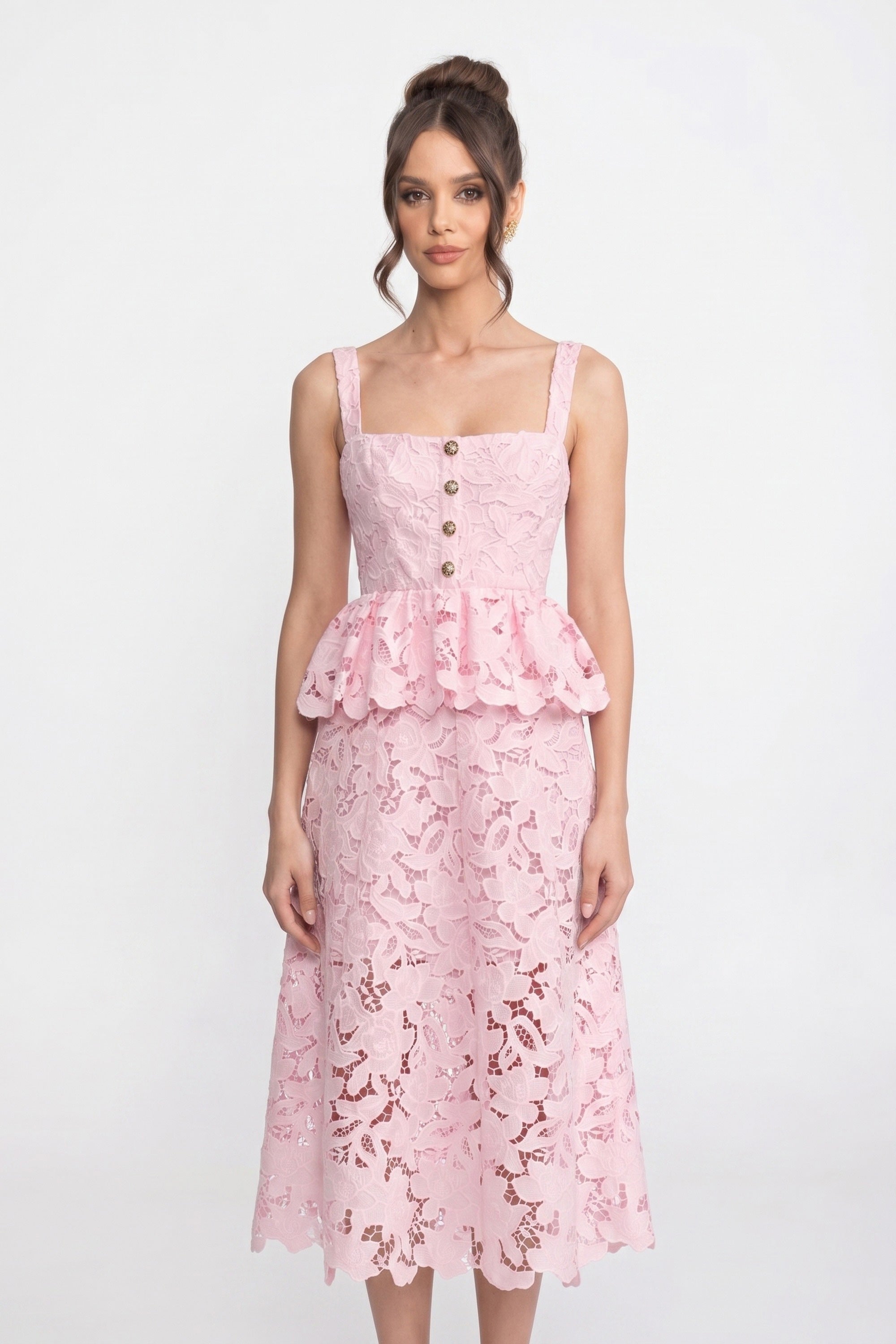 Sleeveless Lace Peplum Dress With Midi Skirt And Golden Buttons - Pink