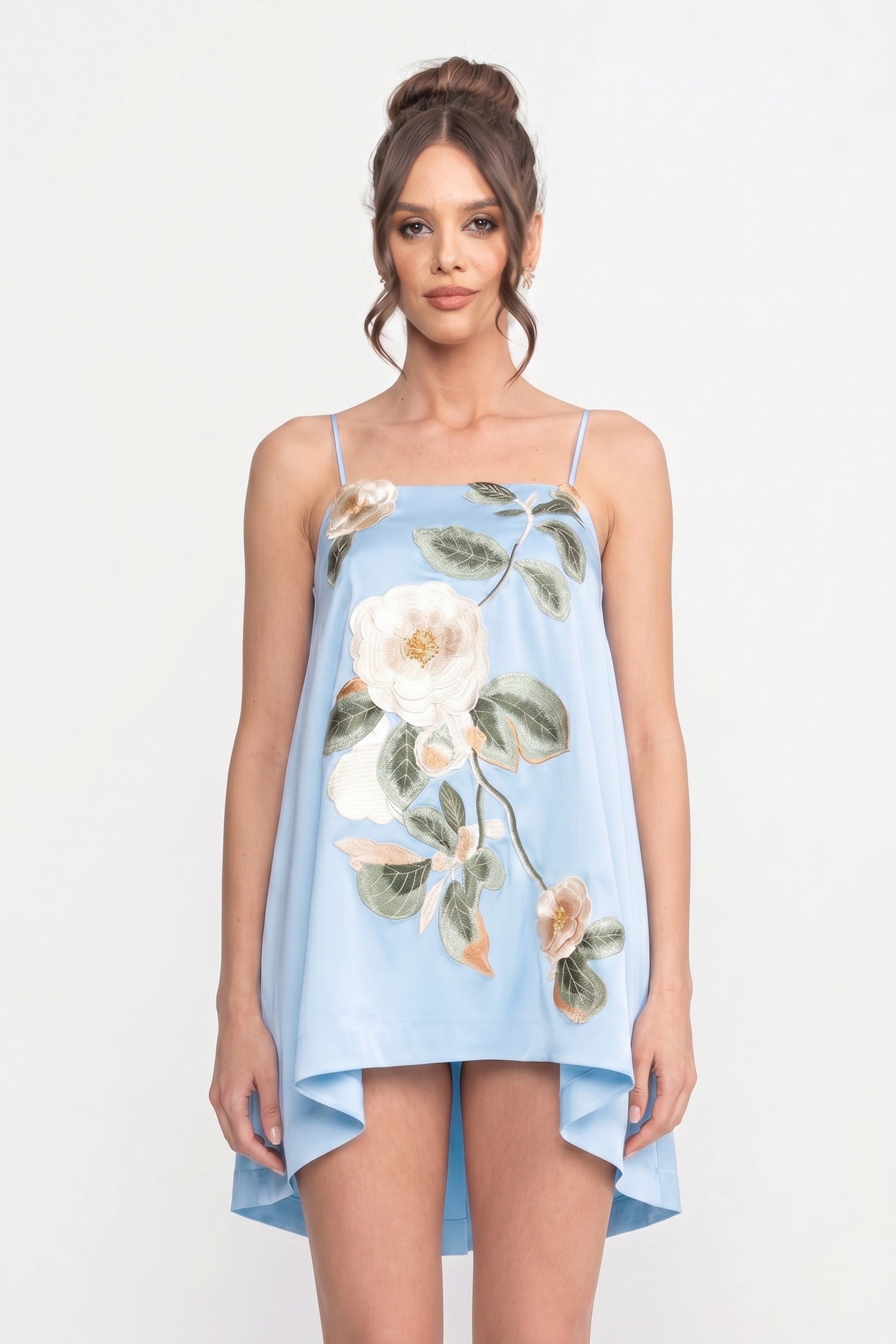 Spaghetti-Strap Mini Dress With 3D Floral Appliqué And A-Line Skirt - Blue