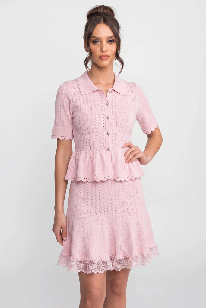 Peter-Pan Collar Knit Peplum Co-Ord set With Lace Hem - Pink