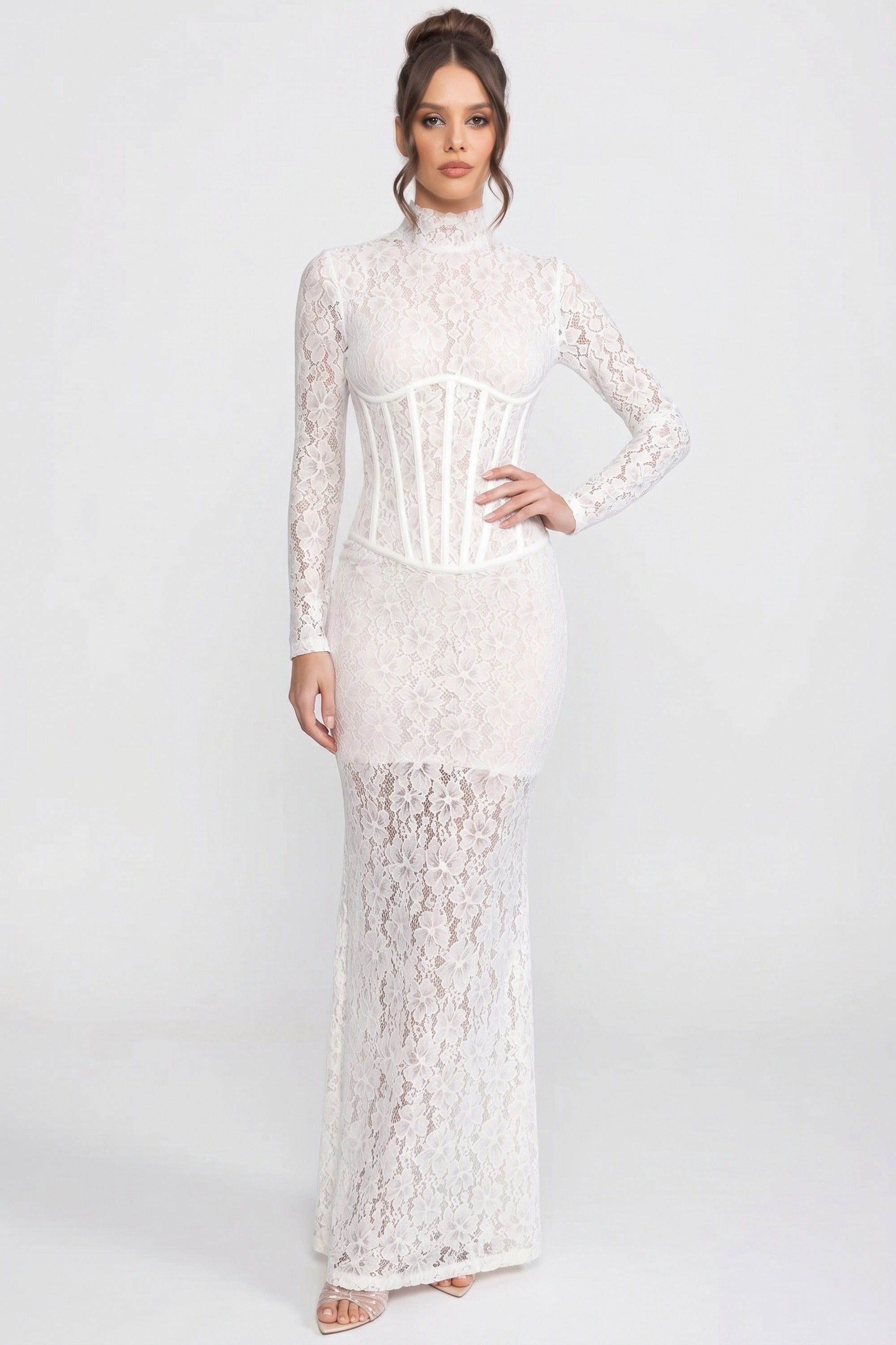 High-Neck Long-Sleeve Lace Maxi Dress With Column Silhouette - White