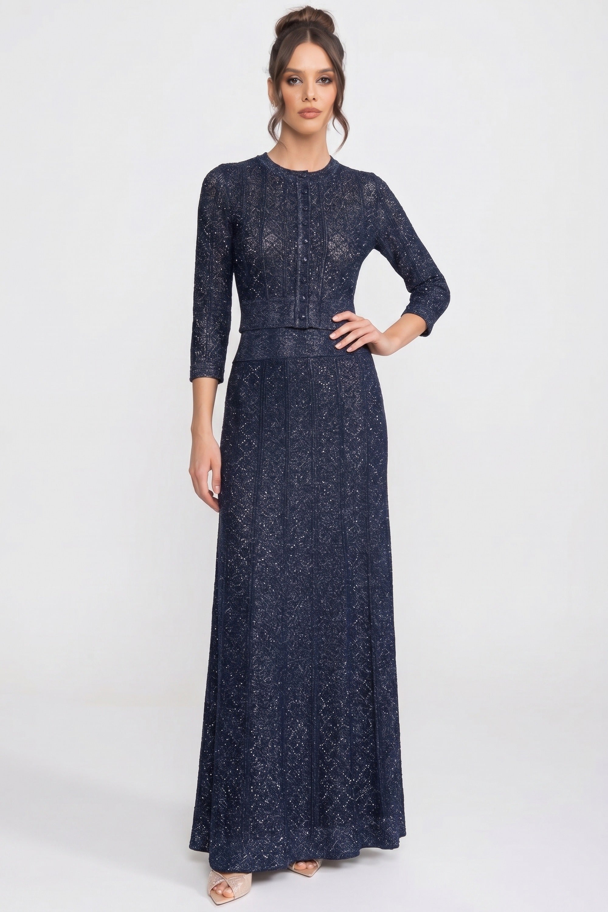 Long-Sleeve Diamond-Pattern Lace Co-Ord Set With Maxi Skirt - Navy