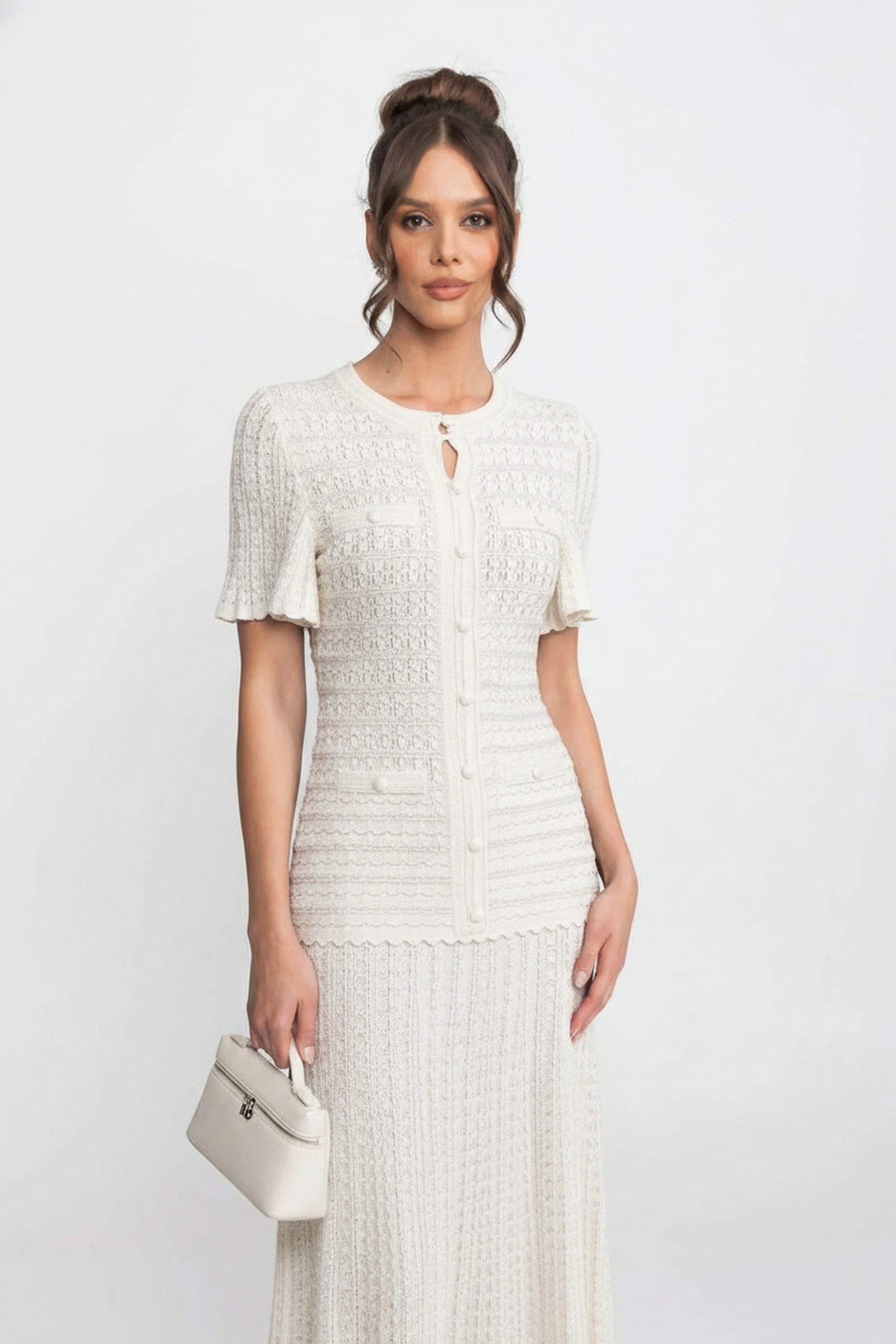 Short Sleeve Midi Dress With Shimmer Knit Texture - White