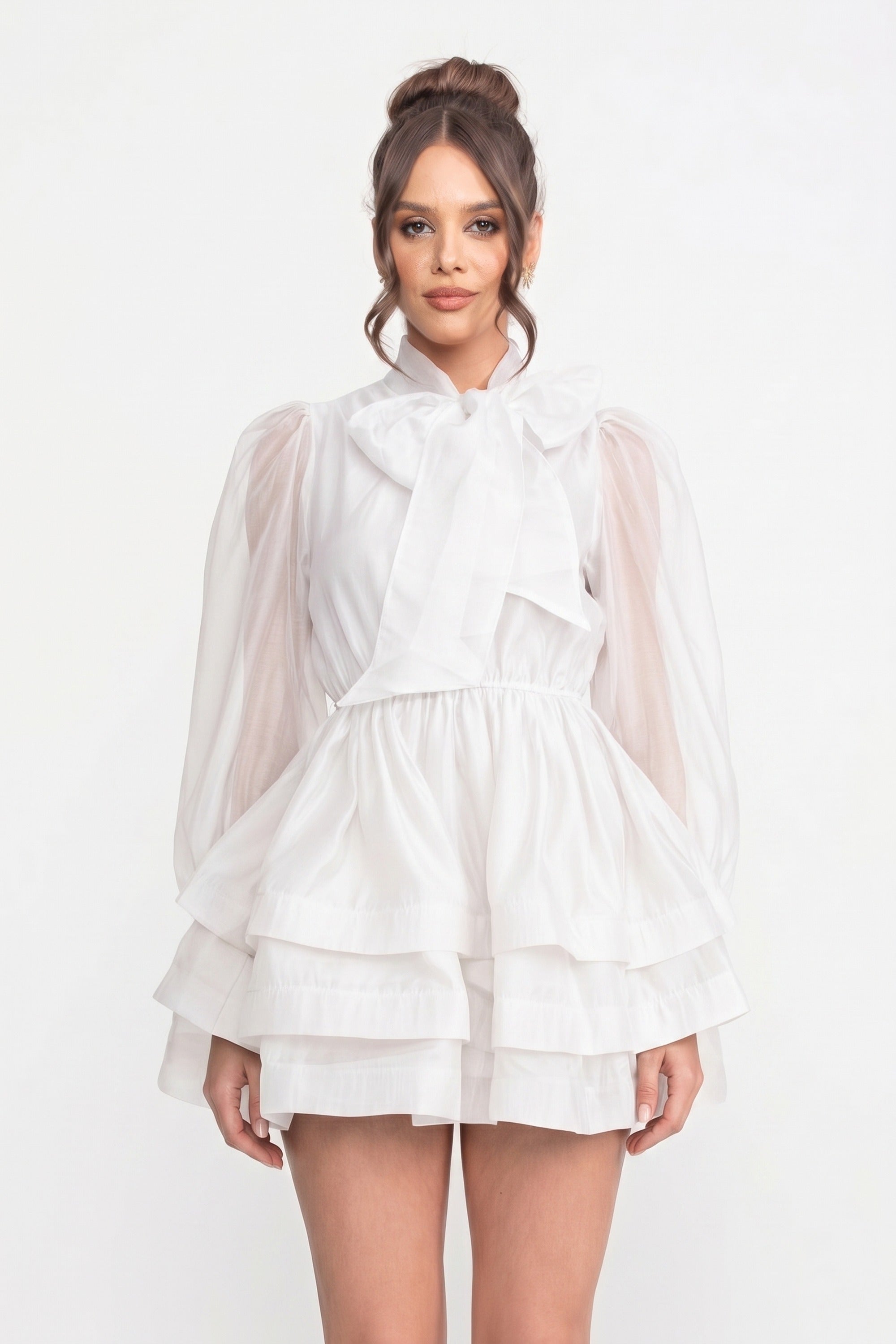 High-Neck Puff-Sleeve Mini Dress With Tiered Ruffle Skirt And Bow - White