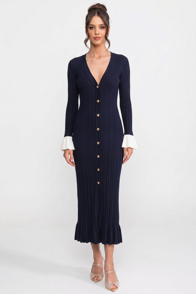 Long-Sleeve Button-Front Pleated Knit Maxi Dress With Contrast Cuffs - Navy