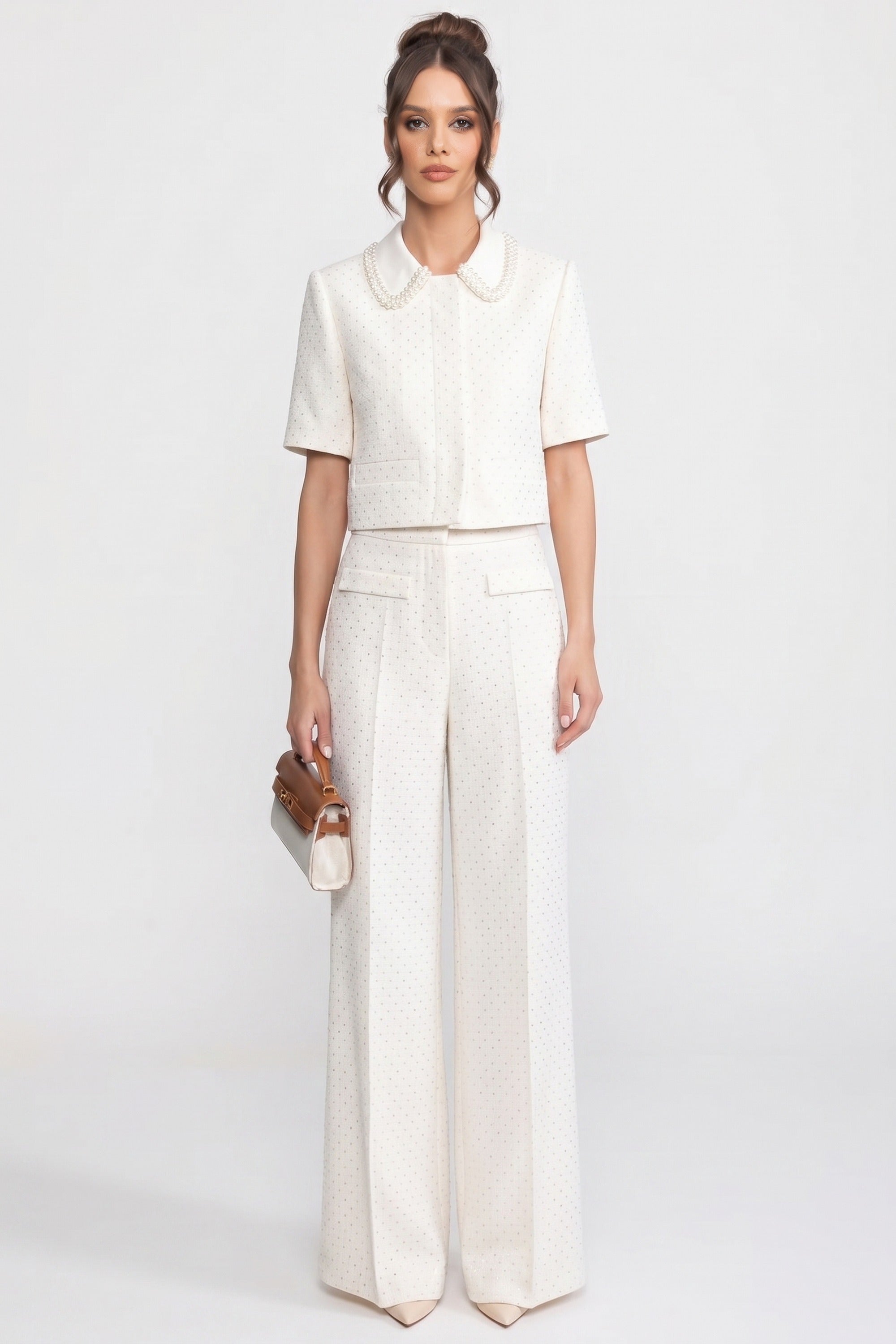 Wide-Leg Embellished Tweed Trousers With Patch Pockets - Ivoire