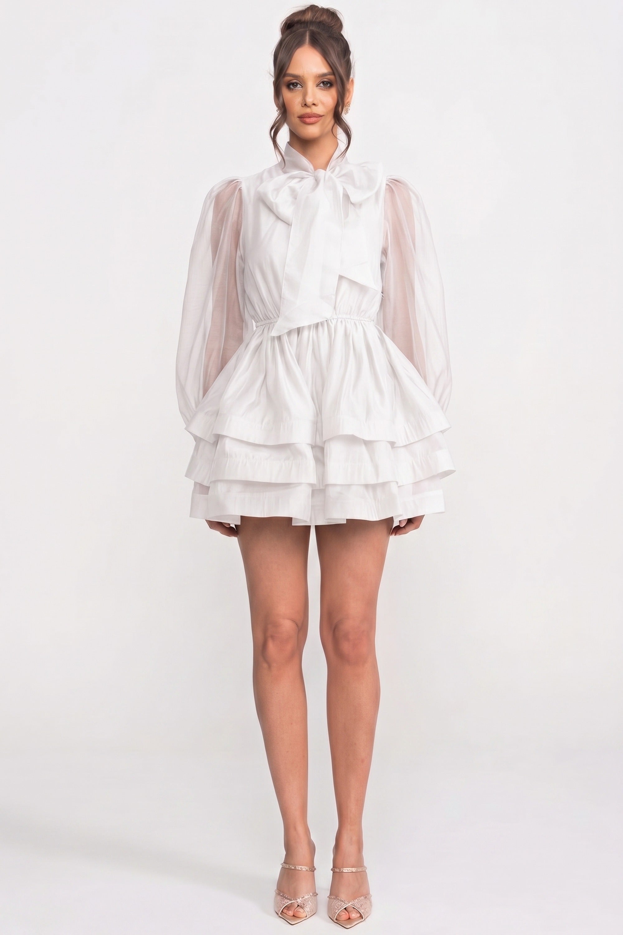 High-Neck Puff-Sleeve Mini Dress With Tiered Ruffle Skirt And Bow - White