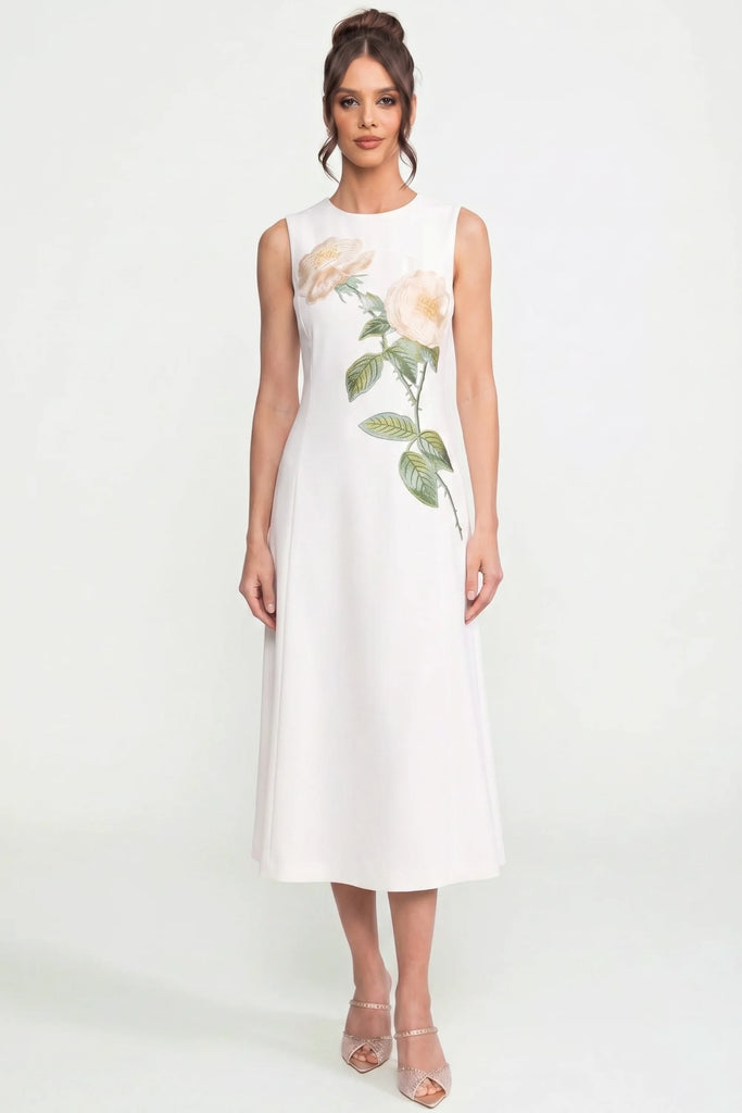 Sleeveless Midi Dress With 3D Floral Appliqué And Full Skirt - White