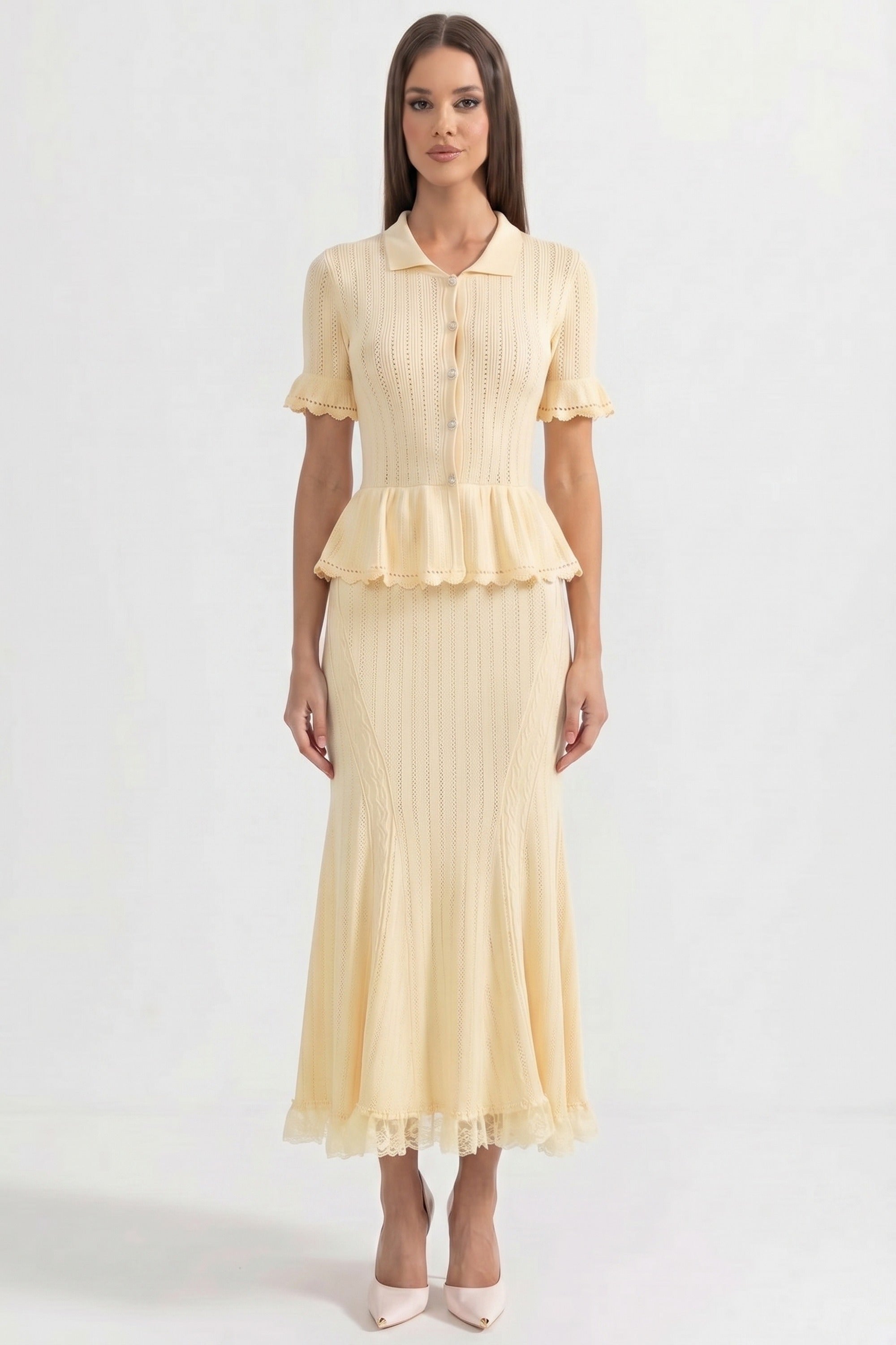 Peter-Pan Collar Knit Peplum Maxi Dress With Lace Hem - Yellow
