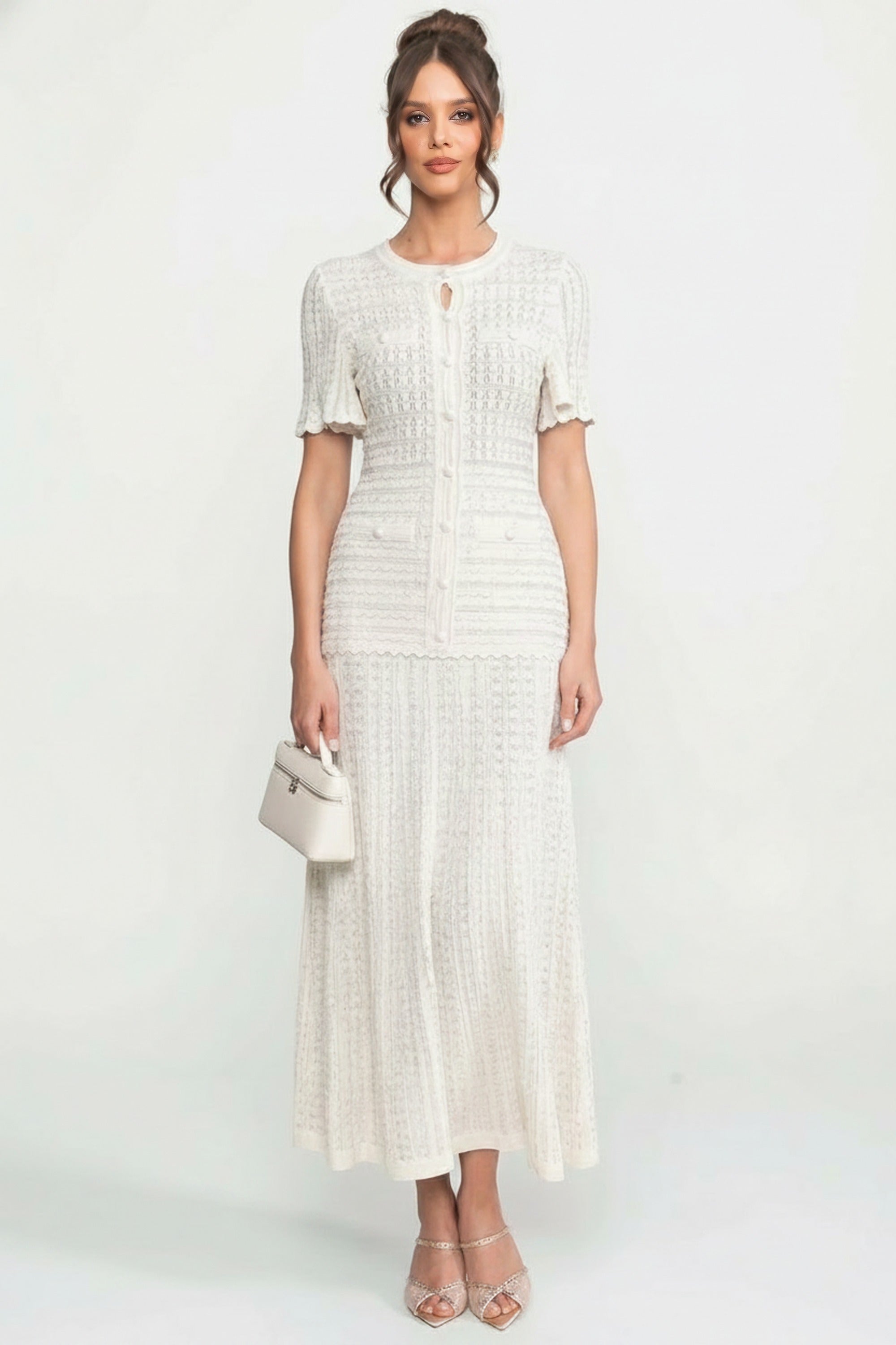 Short Sleeve Midi Dress With Shimmer Knit Texture - White
