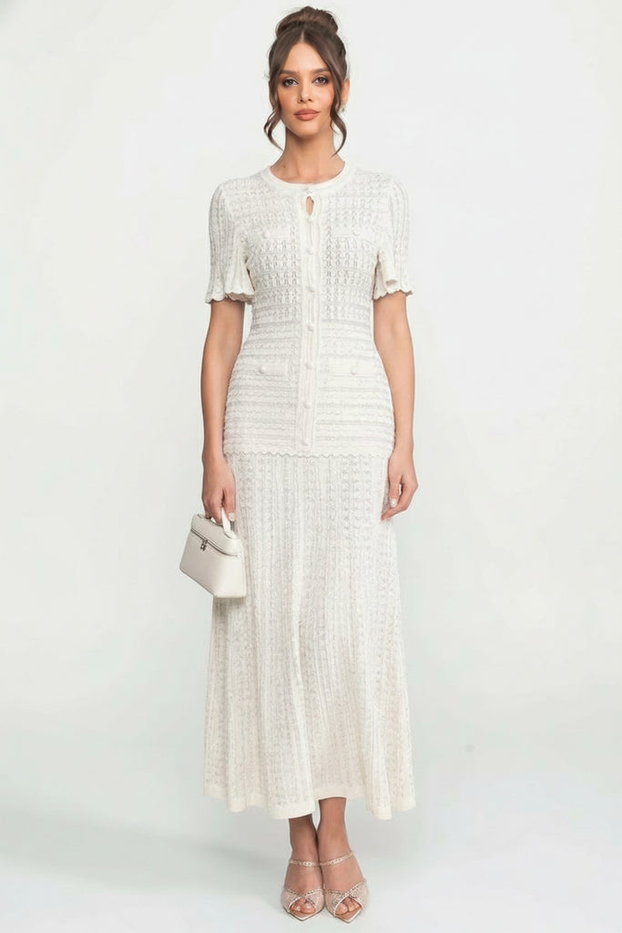 Short Sleeve Midi Dress With Shimmer Knit Texture - White