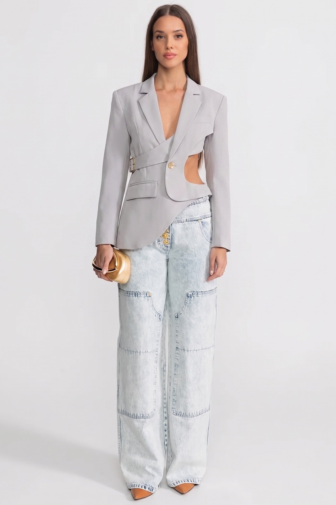 Asymmetric Cut-Out Blazer with Belt Detail - Light Gray