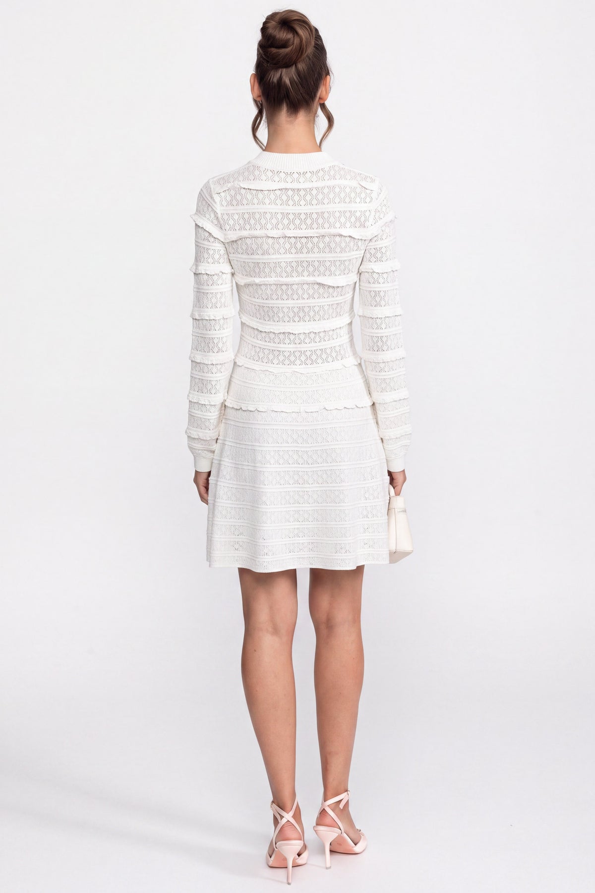 Button Front Knit Fit And Flare Dress With Crystal Buttons - White