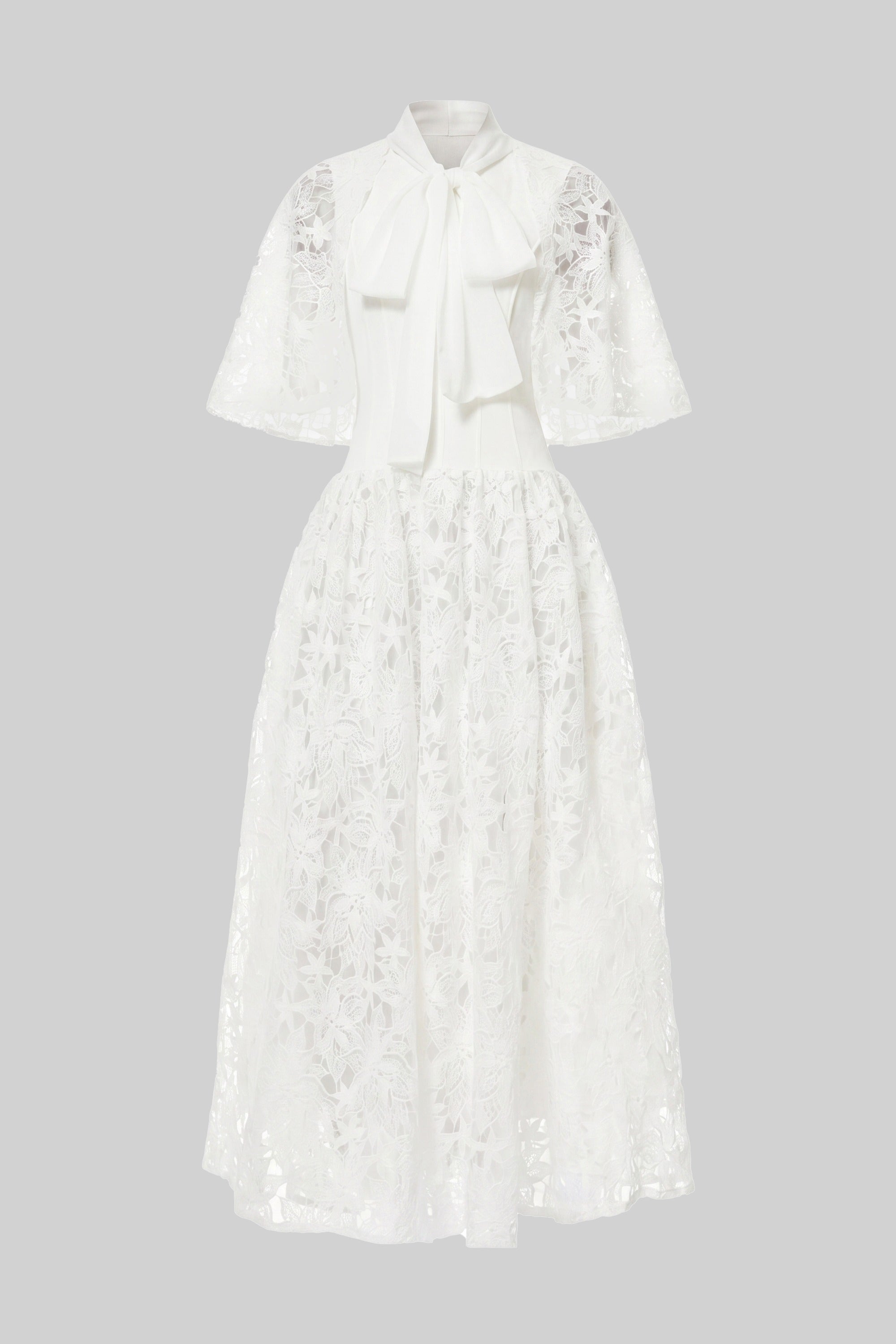 Short-Sleeve Floral Lace Maxi Dress With 3D Bow Detail - White