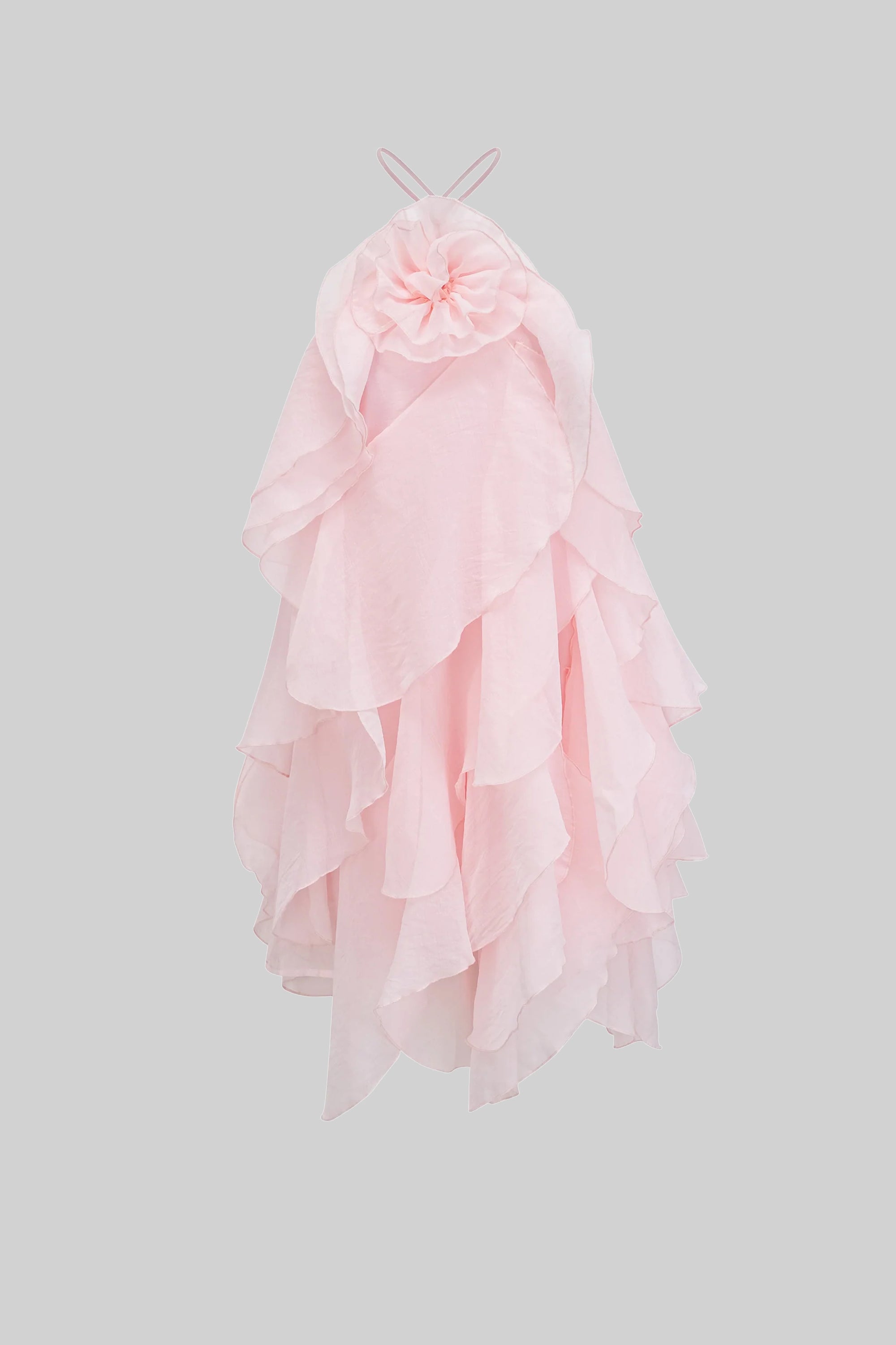 Tiered Ruffle Mini Dress With 3D Floral Halter Neck - Pink