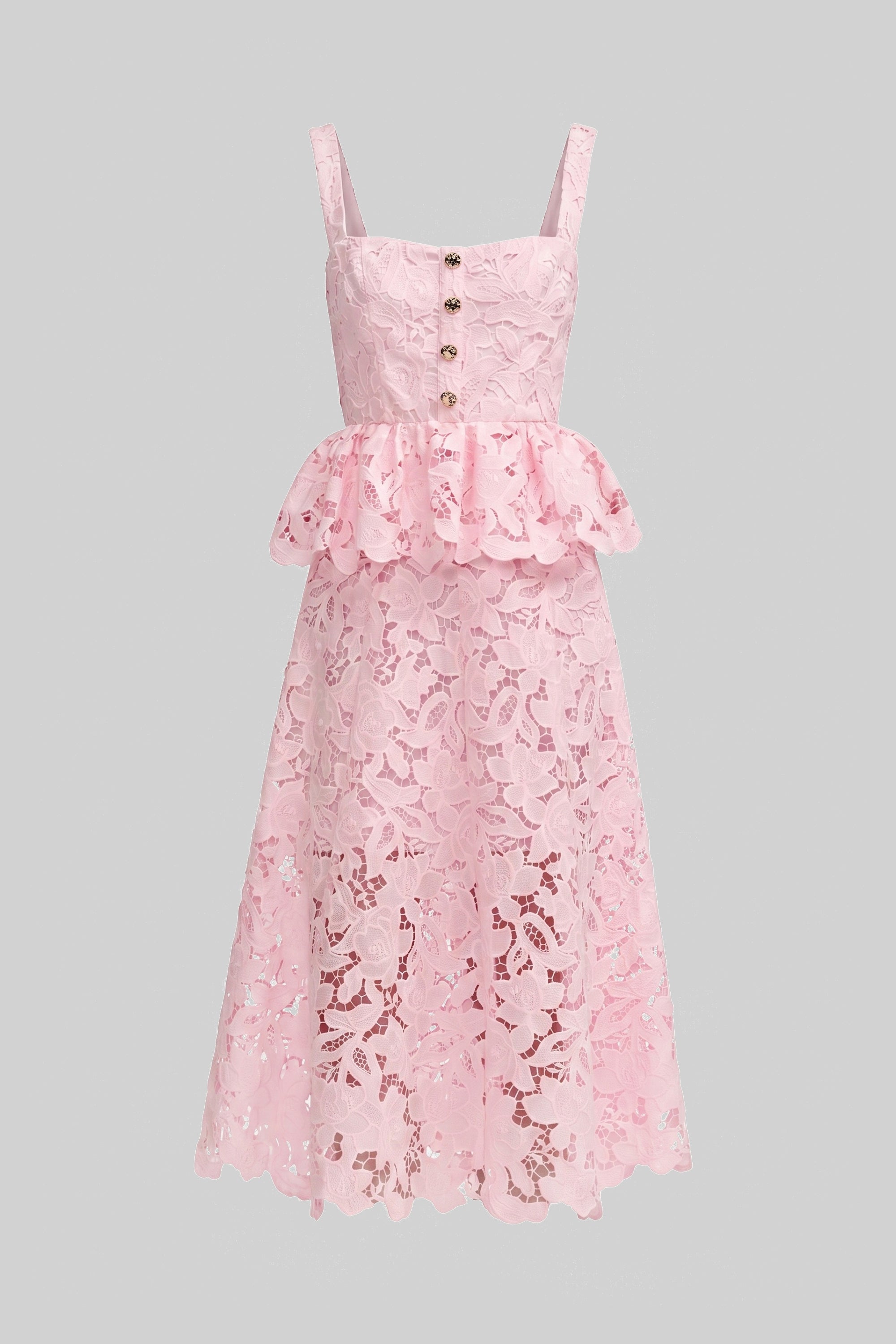 Sleeveless Lace Peplum Dress With Midi Skirt And Golden Buttons - Pink