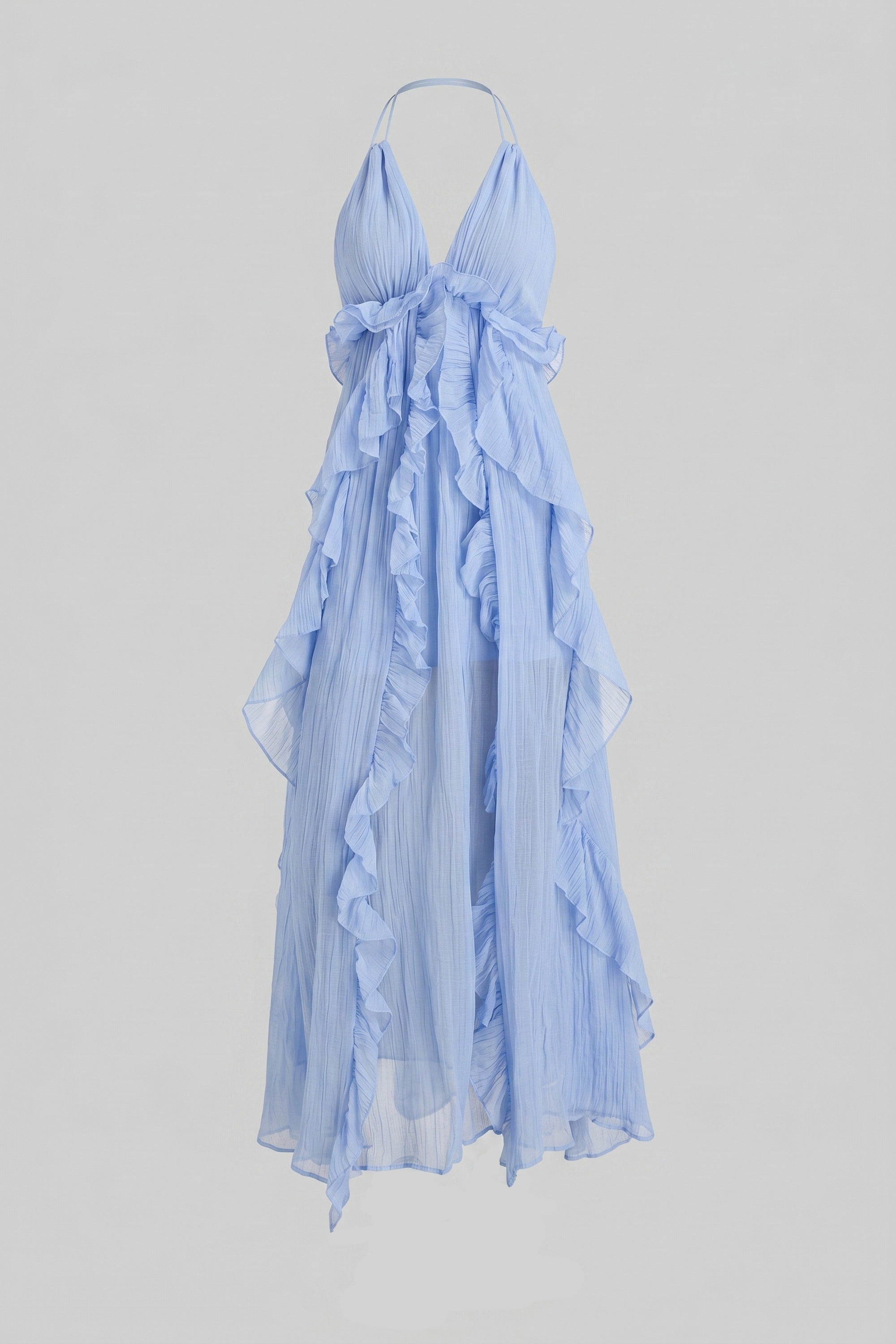 Deep V-Neck Ruffle Maxi Dress With Cascading Asymmetric Tiers - Blue
