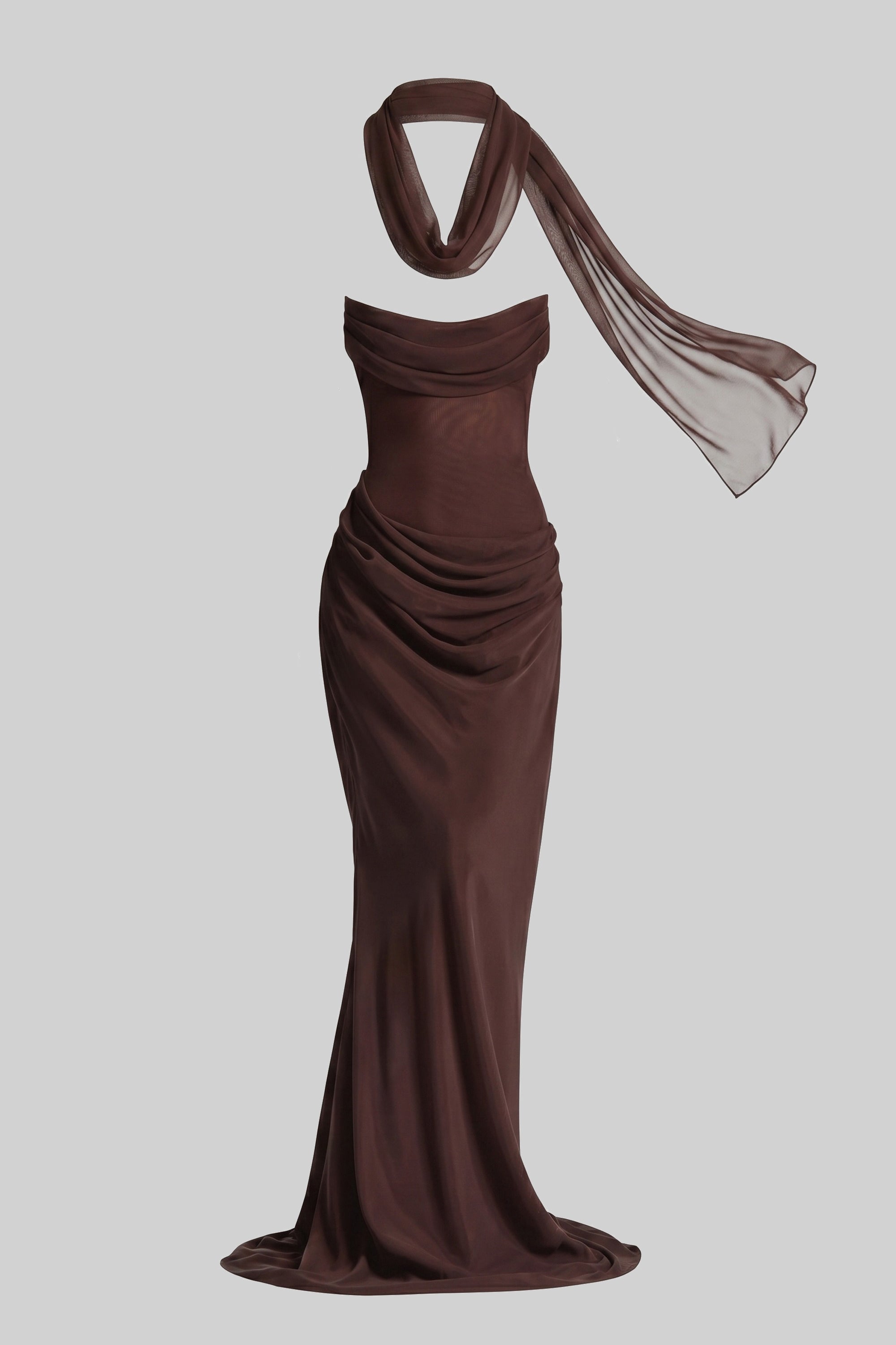Strapless Draped Maxi Gown With Cowl Neckline And Sheer Scarf - Brown