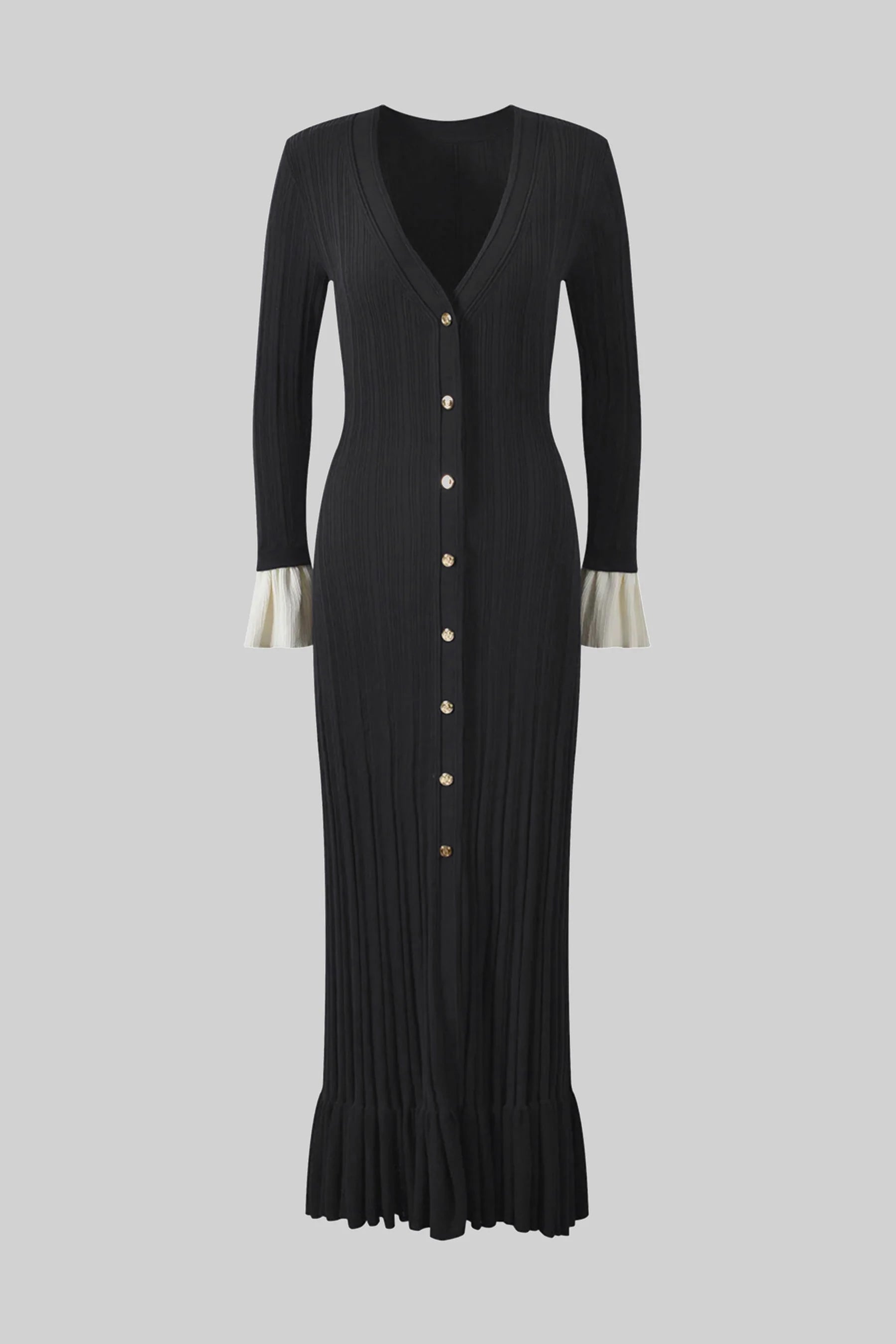 Long-Sleeve Button-Front Pleated Knit Maxi Dress With Contrast Cuffs - Black