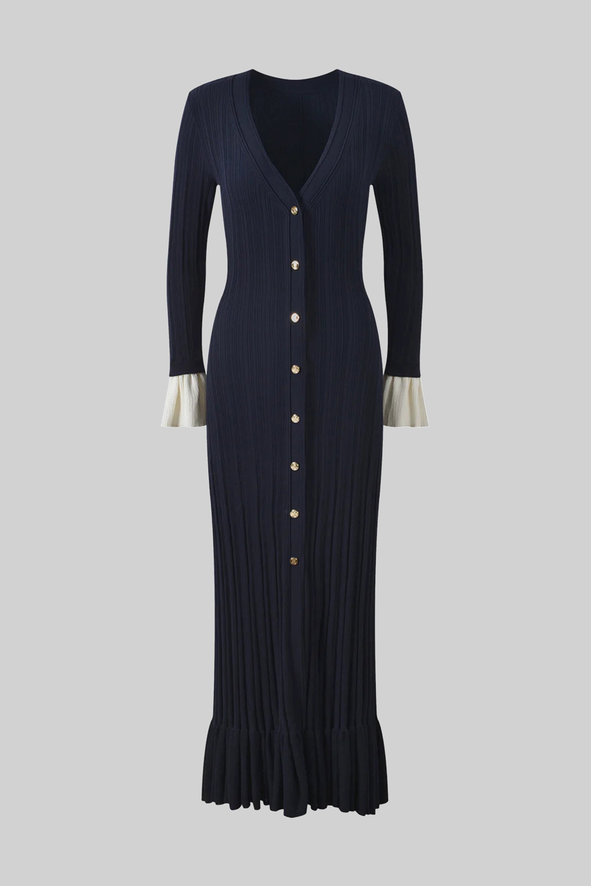 Long-Sleeve Button-Front Pleated Knit Maxi Dress With Contrast Cuffs - Navy