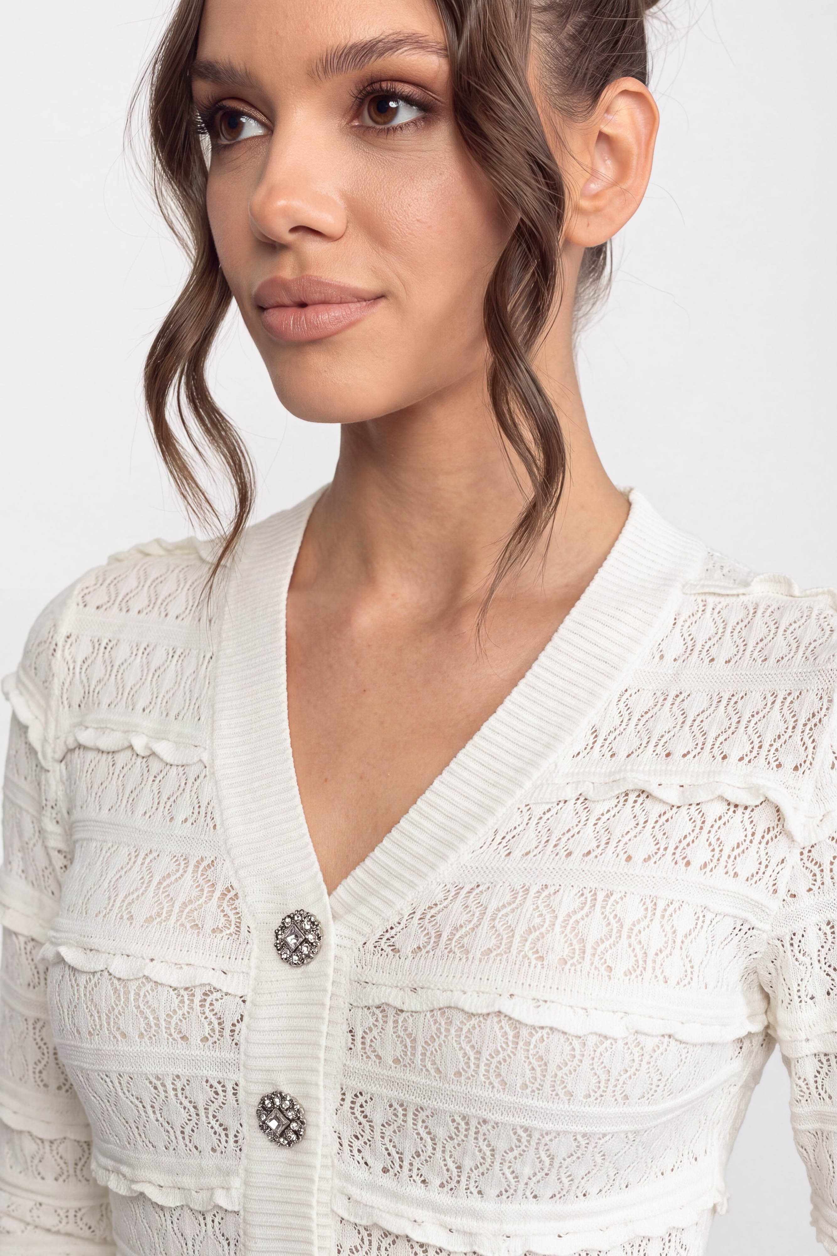Button Front Knit Fit And Flare Dress With Crystal Buttons - White
