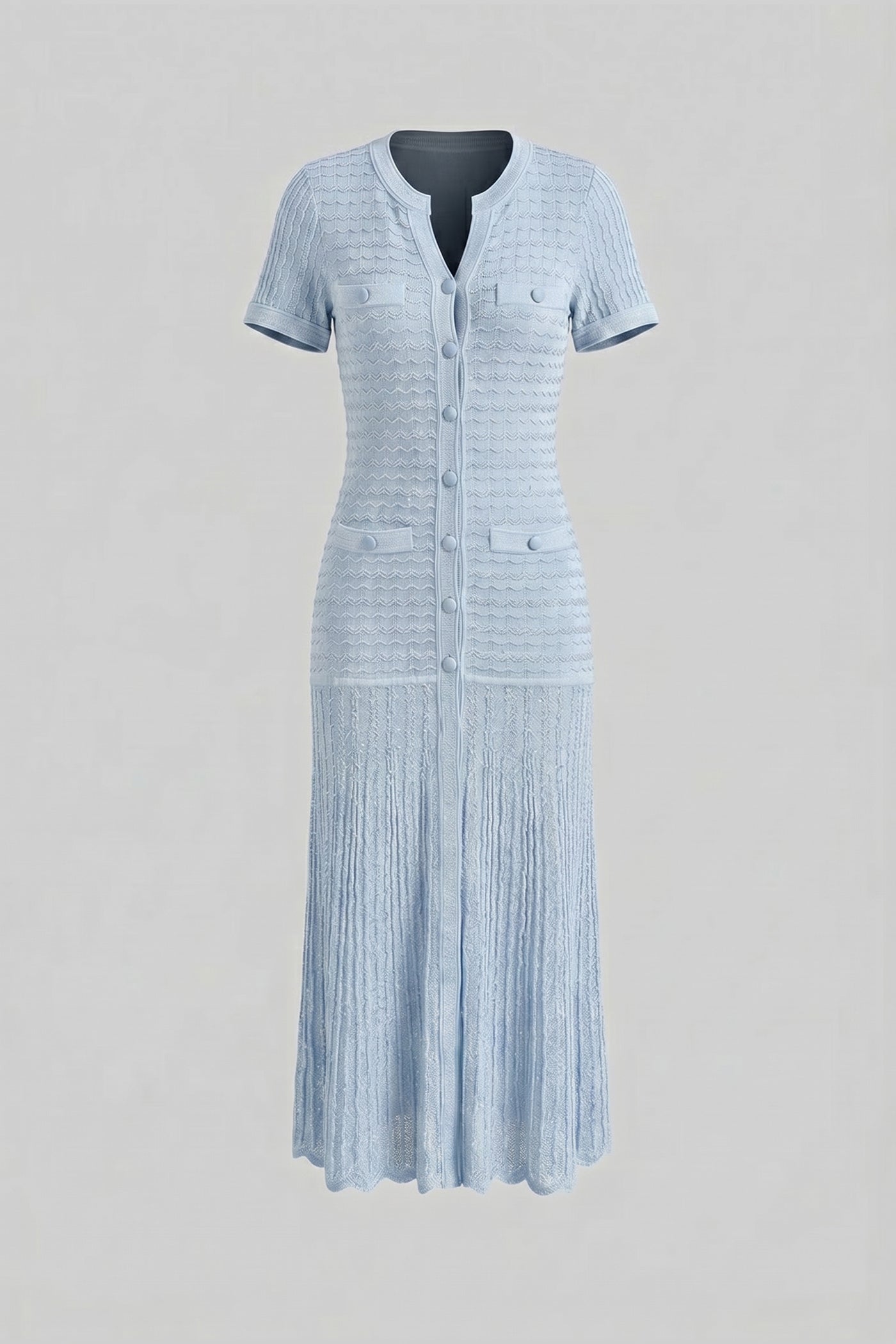 Short Sleeve Midi Dress With Shimmer Knit Texture - Light Blue