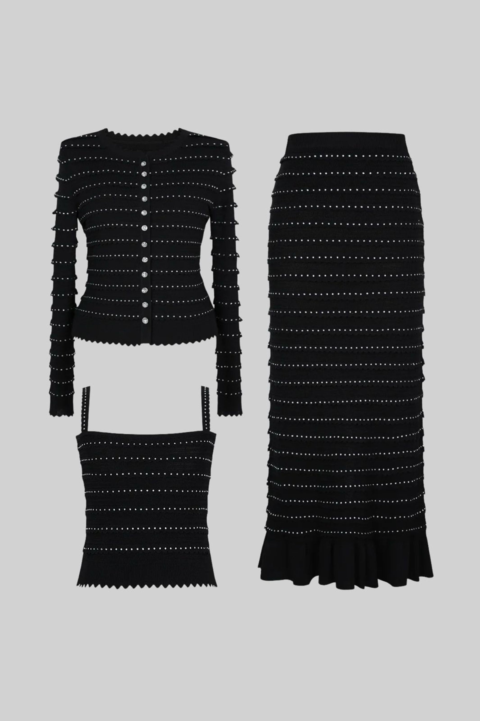 Textured Knit 3 Piece Set With Blazer, Top and Midi Skirt - Black