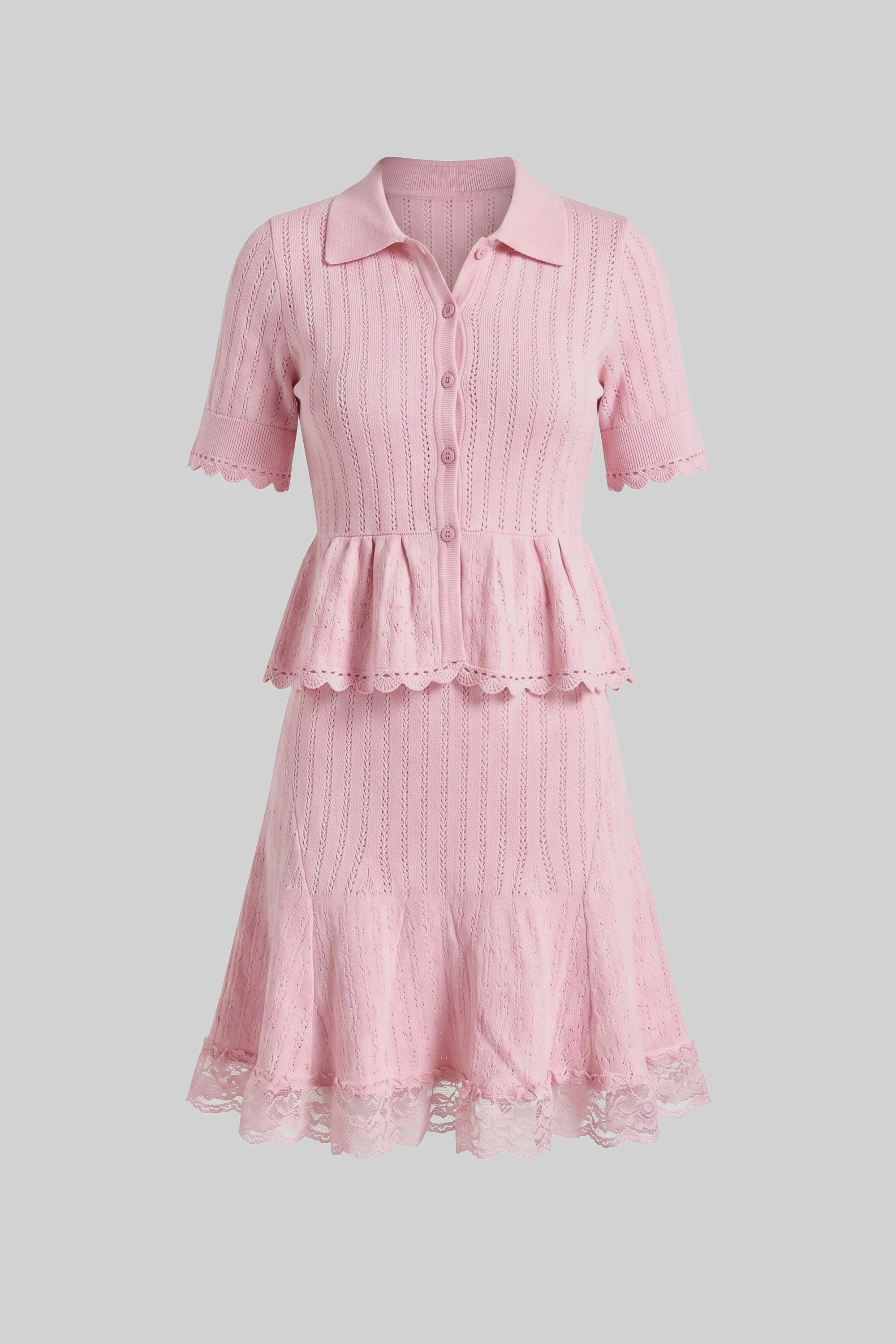 Polo-Collar Mini Dress With Button Top, Peplum Waist And Lace Hem - Pink