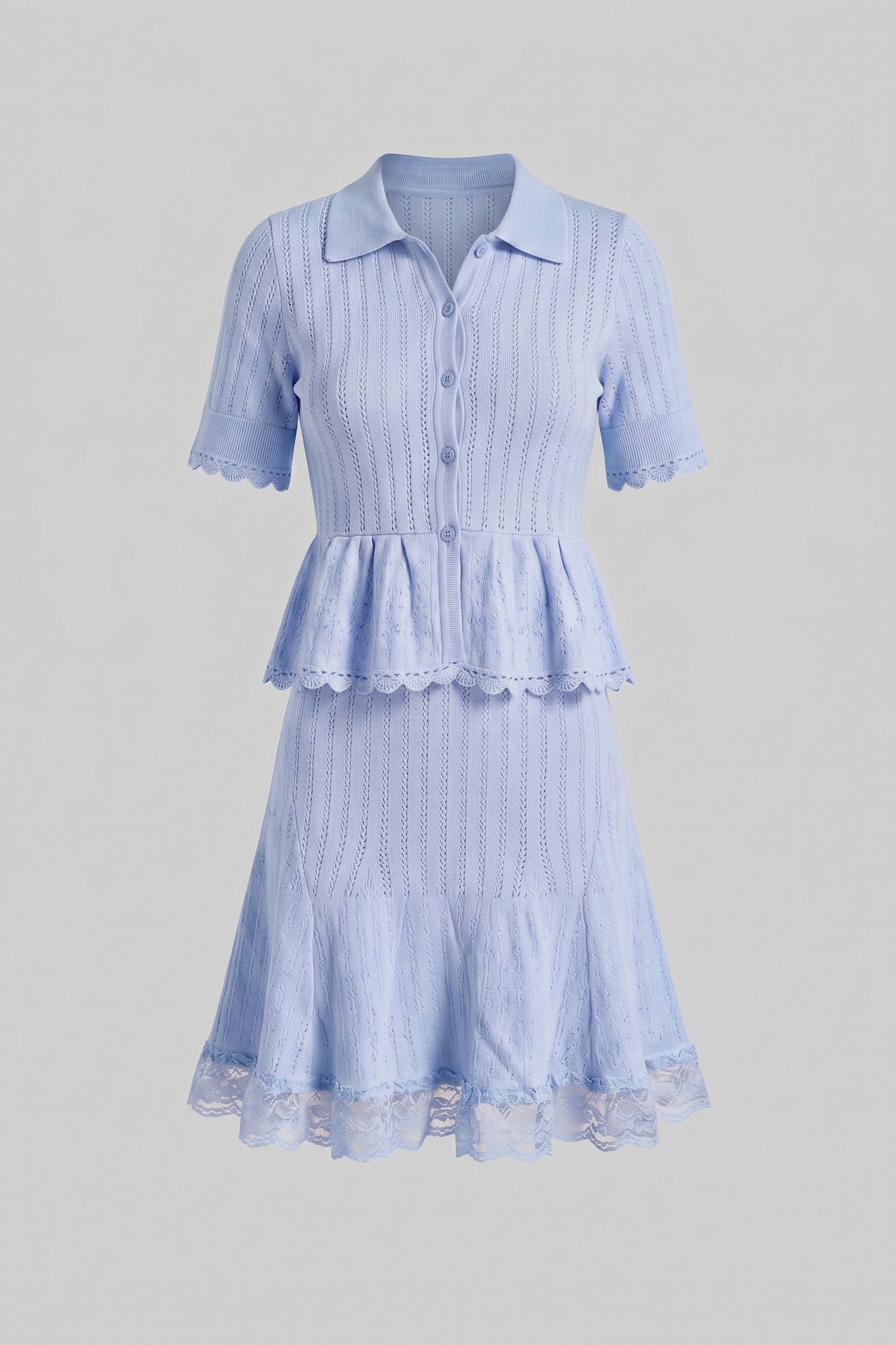 Polo-Collar Mini Dress With Button Top, Peplum Waist And Lace Hem - Blue