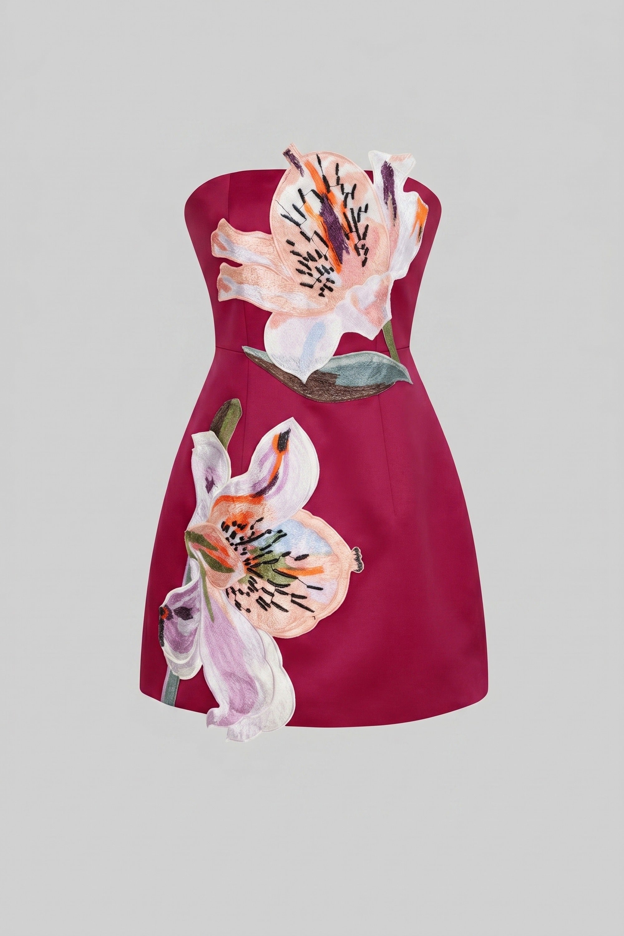 Strapless Floral-Print Mini Dress With Structured Bodice - Red